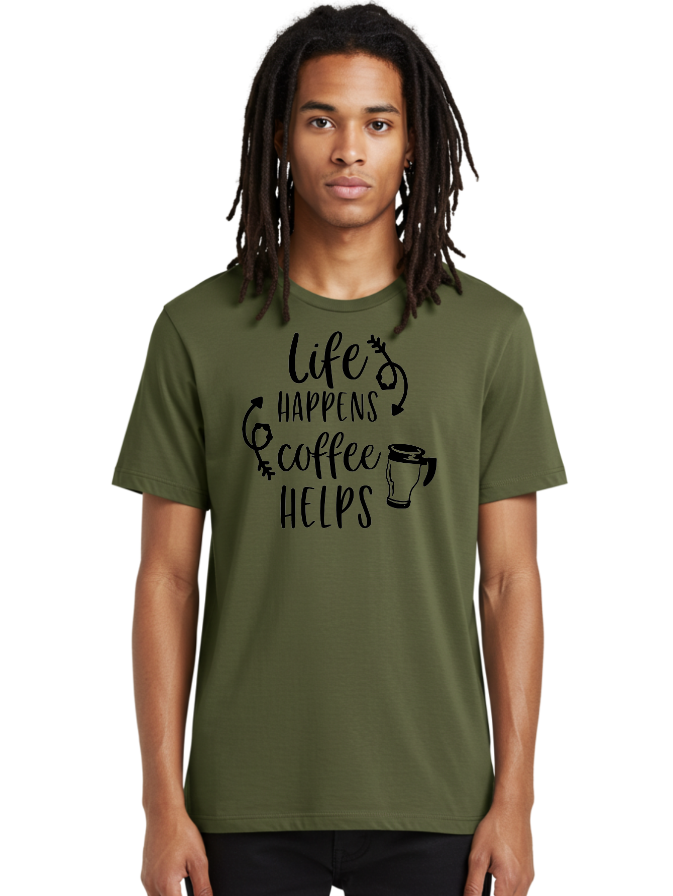 Life-Happens-Coffee-Helps Men'S Graphic Tee, 100% Cotton, Comfortable Casual Summer Wear, Machine Washable, Coffee Quote, Morning Motivation, Coffee Lover, Coffee Break, Daily Grind, Coffee Culture, Funny Quote Aac942
