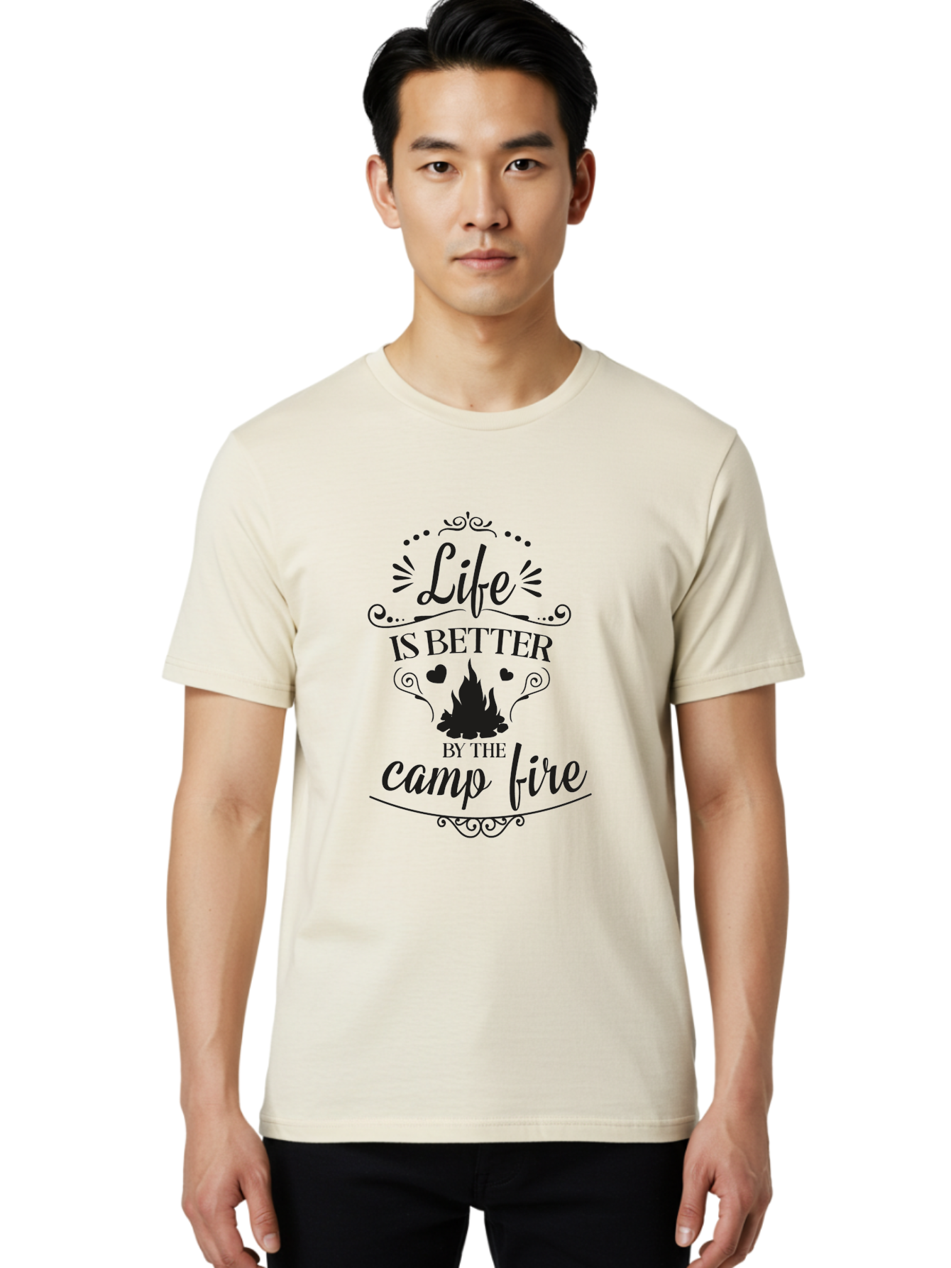 Life-Is-Better-By-The-Camp-Fire Men'S Graphic Tee, 100% Cotton, Comfortable Casual Summer Wear, Machine Washable, Camping Quotes, Campfire Inspiration, Outdoor Adventure, Nature Lovers, Wilderness Exploration, Camping Life, Aac944