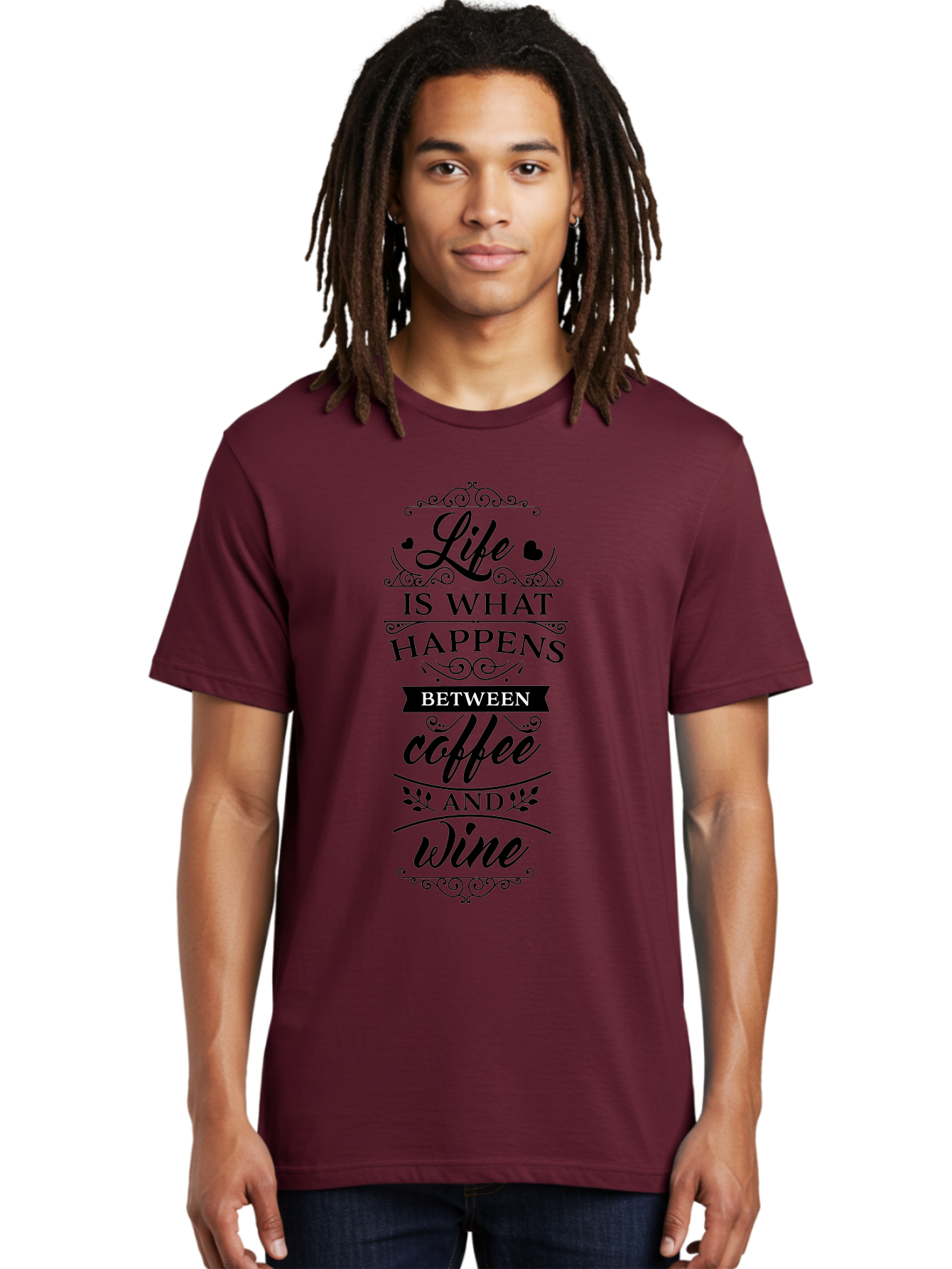 Life-Is-What-Happens-Between-Coffee-And-Wine Men'S Graphic Tee, 100% Cotton, Comfortable Casual Summer Wear, Machine Washable, Coffee And Wine Quote, Life Is What Happens Between Coffee And Wine, Typography Art, Inspirational Quotes, Aac949
