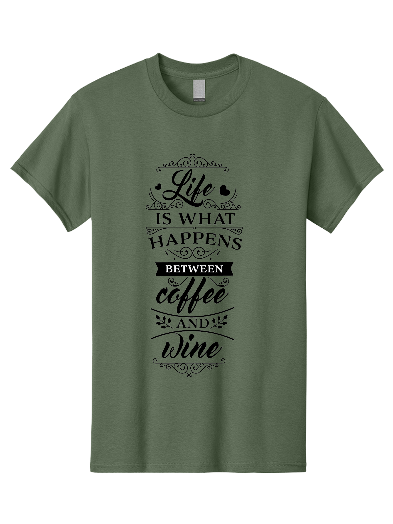Life-Is-What-Happens-Between-Coffee-And-Wine Men'S Graphic Tee, 100% Cotton, Comfortable Casual Summer Wear, Machine Washable, Coffee And Wine Quote, Life Is What Happens Between Coffee And Wine, Typography Art, Inspirational Quotes, Aac949