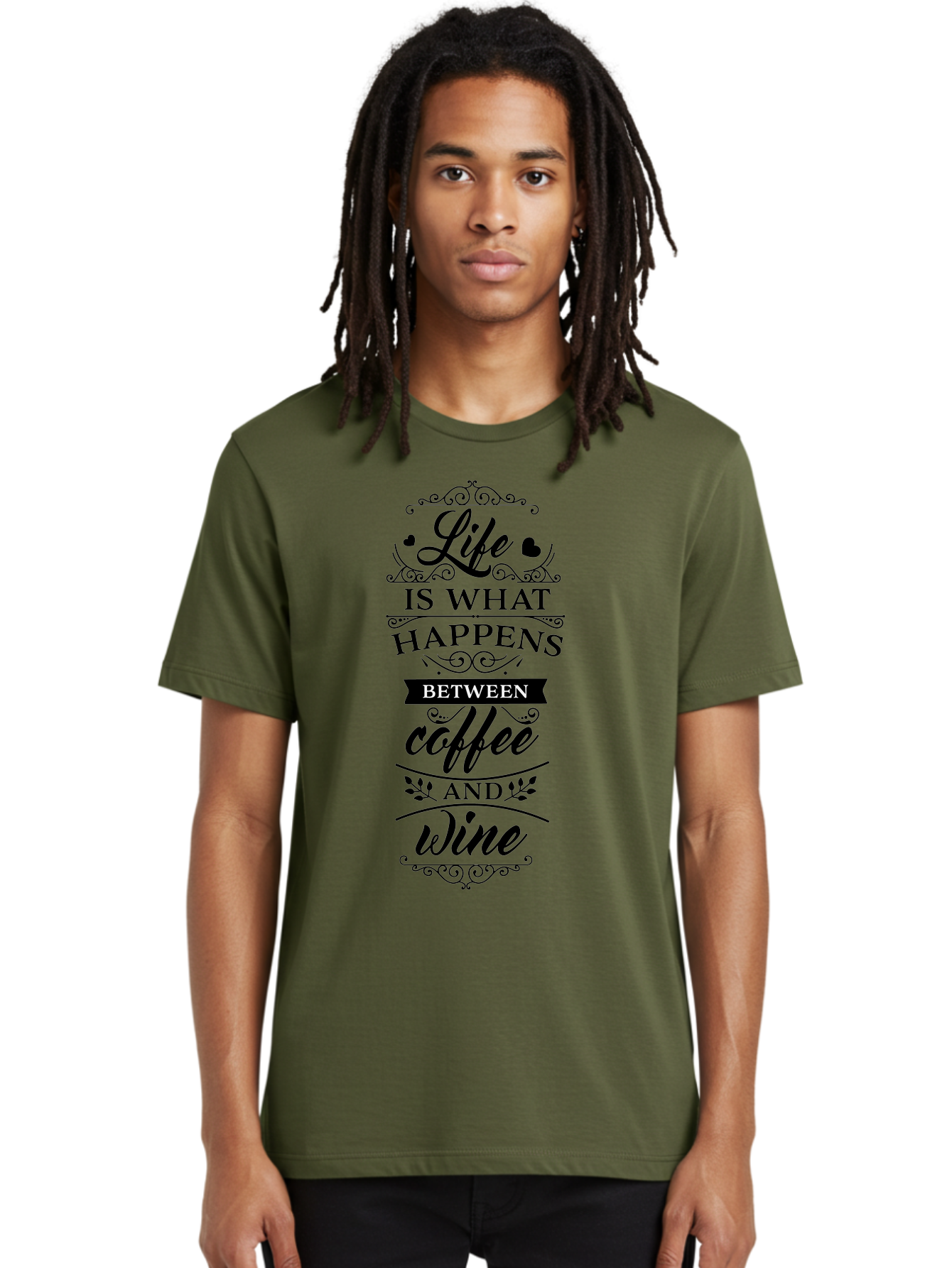 Life-Is-What-Happens-Between-Coffee-And-Wine Men'S Graphic Tee, 100% Cotton, Comfortable Casual Summer Wear, Machine Washable, Coffee And Wine Quote, Life Is What Happens Between Coffee And Wine, Typography Art, Inspirational Quotes, Aac949
