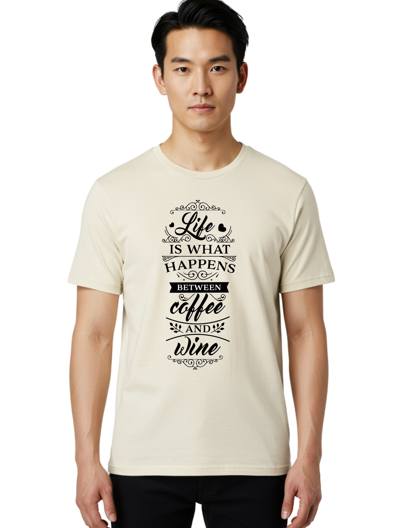 Life-Is-What-Happens-Between-Coffee-And-Wine Men'S Graphic Tee, 100% Cotton, Comfortable Casual Summer Wear, Machine Washable, Coffee And Wine Quote, Life Is What Happens Between Coffee And Wine, Typography Art, Inspirational Quotes, Aac949