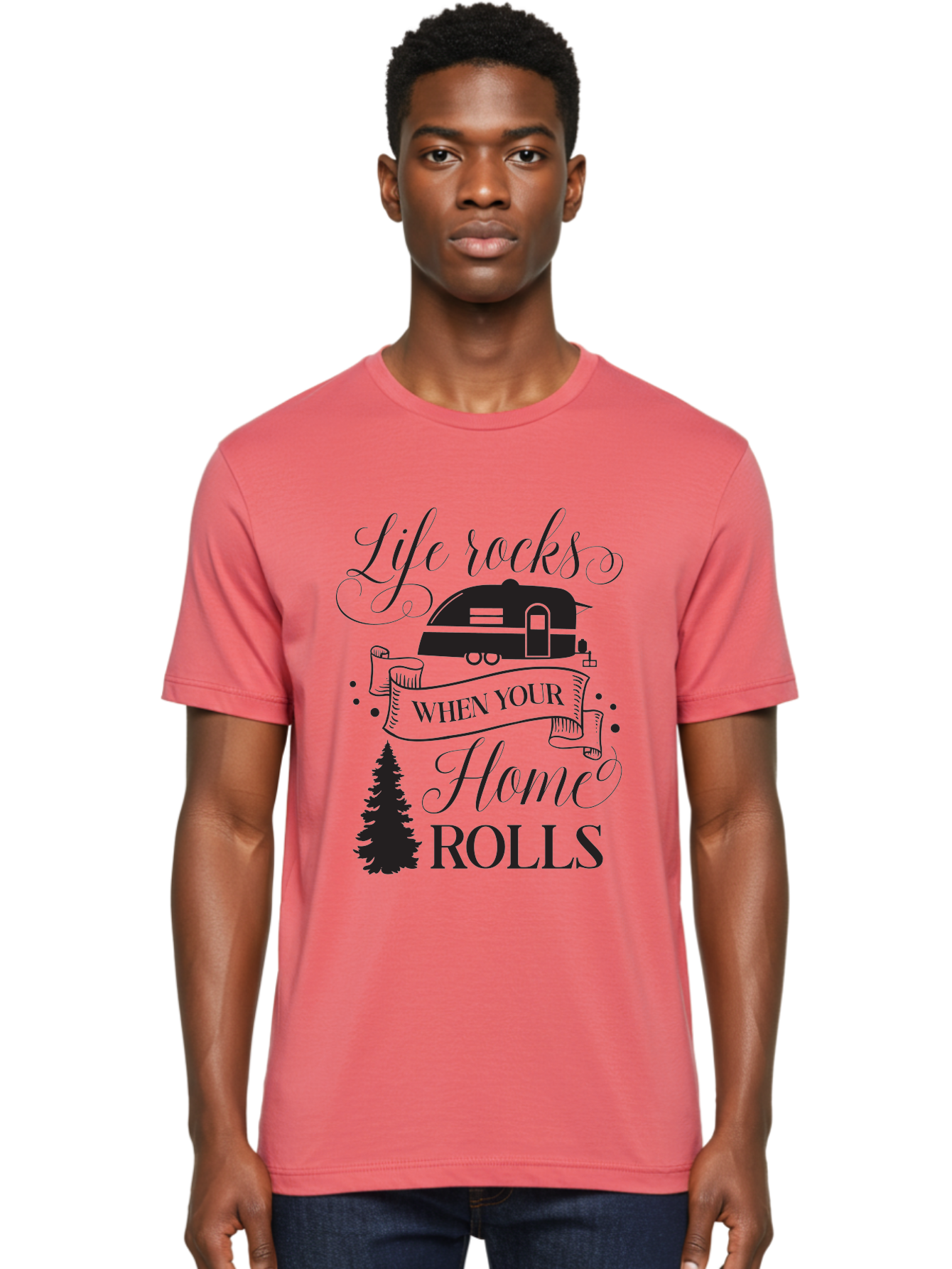 Life-Rocks-When-Your-Home-Rolls Men'S Graphic Tee, 100% Cotton, Comfortable Casual Summer Wear, Machine Washable, Camper Trailer, Camping Life, Adventure, Outdoor Lifestyle, Travel Trailer, Freedom, Wanderlust, Road Trip, Camping Quote Aac950
