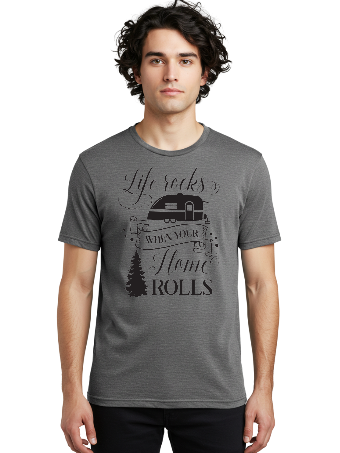 Life-Rocks-When-Your-Home-Rolls Men'S Graphic Tee, 100% Cotton, Comfortable Casual Summer Wear, Machine Washable, Camper Trailer, Camping Life, Adventure, Outdoor Lifestyle, Travel Trailer, Freedom, Wanderlust, Road Trip, Camping Quote Aac950