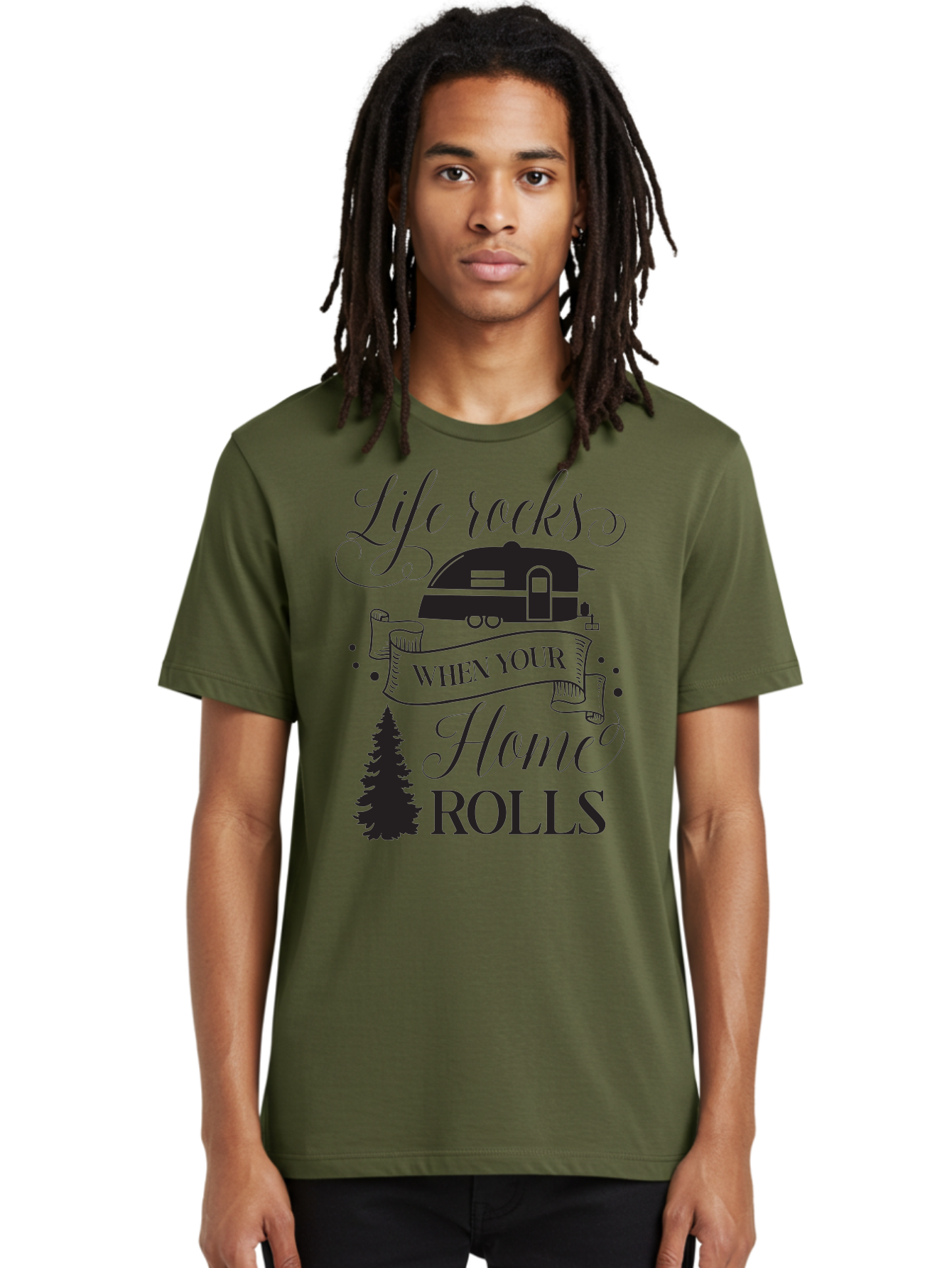 Life-Rocks-When-Your-Home-Rolls Men'S Graphic Tee, 100% Cotton, Comfortable Casual Summer Wear, Machine Washable, Camper Trailer, Camping Life, Adventure, Outdoor Lifestyle, Travel Trailer, Freedom, Wanderlust, Road Trip, Camping Quote Aac950