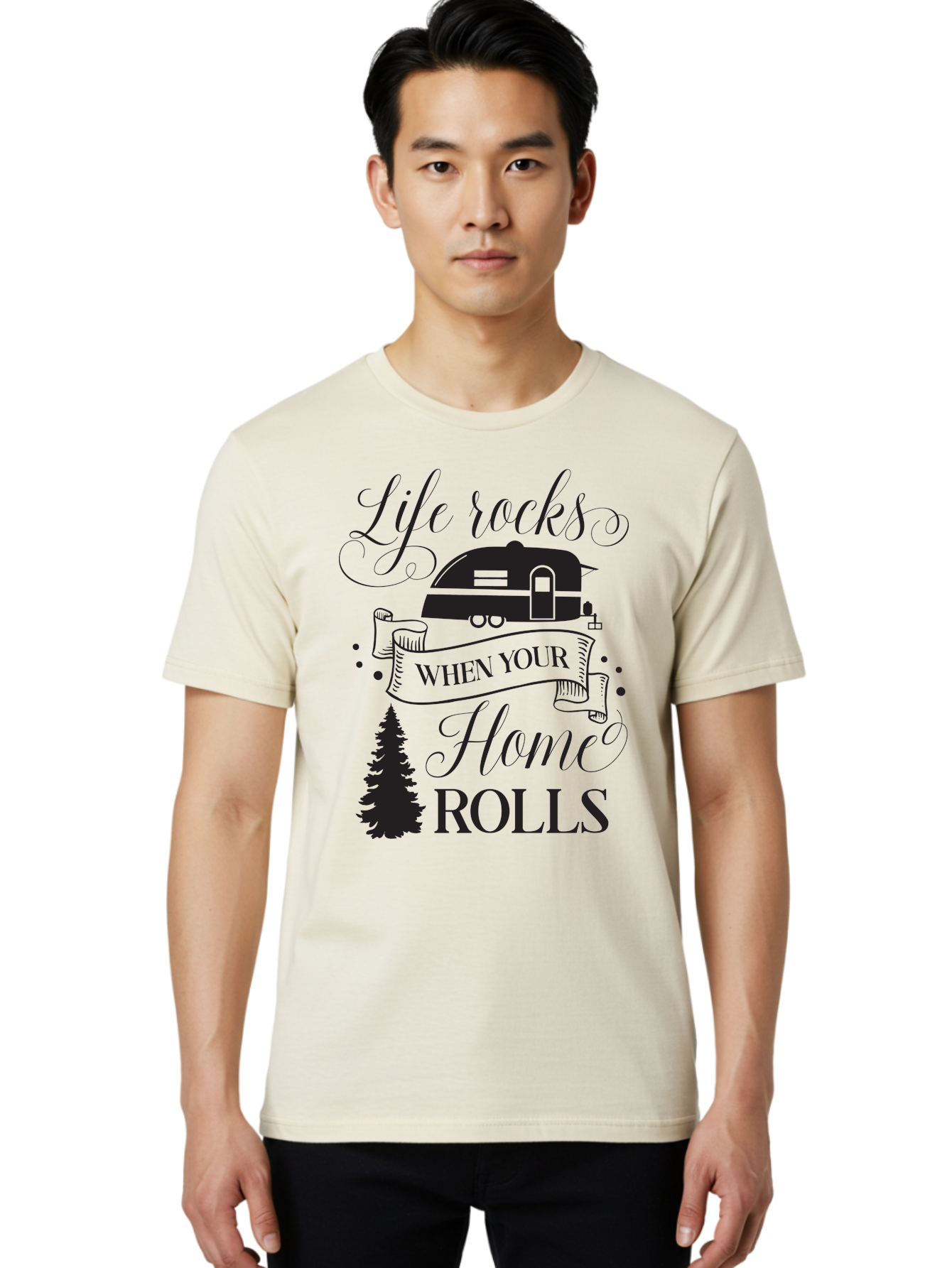 Life-Rocks-When-Your-Home-Rolls Men'S Graphic Tee, 100% Cotton, Comfortable Casual Summer Wear, Machine Washable, Camper Trailer, Camping Life, Adventure, Outdoor Lifestyle, Travel Trailer, Freedom, Wanderlust, Road Trip, Camping Quote Aac950
