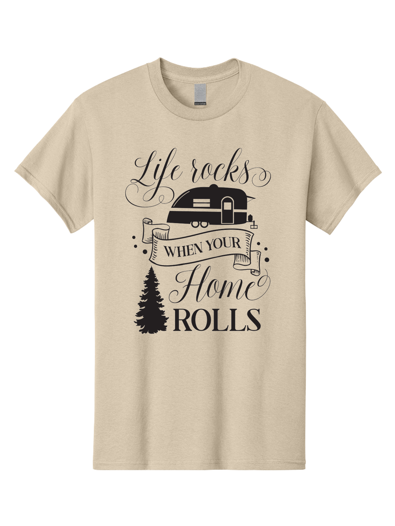 Life-Rocks-When-Your-Home-Rolls Men'S Graphic Tee, 100% Cotton, Comfortable Casual Summer Wear, Machine Washable, Camper Trailer, Camping Life, Adventure, Outdoor Lifestyle, Travel Trailer, Freedom, Wanderlust, Road Trip, Camping Quote Aac950