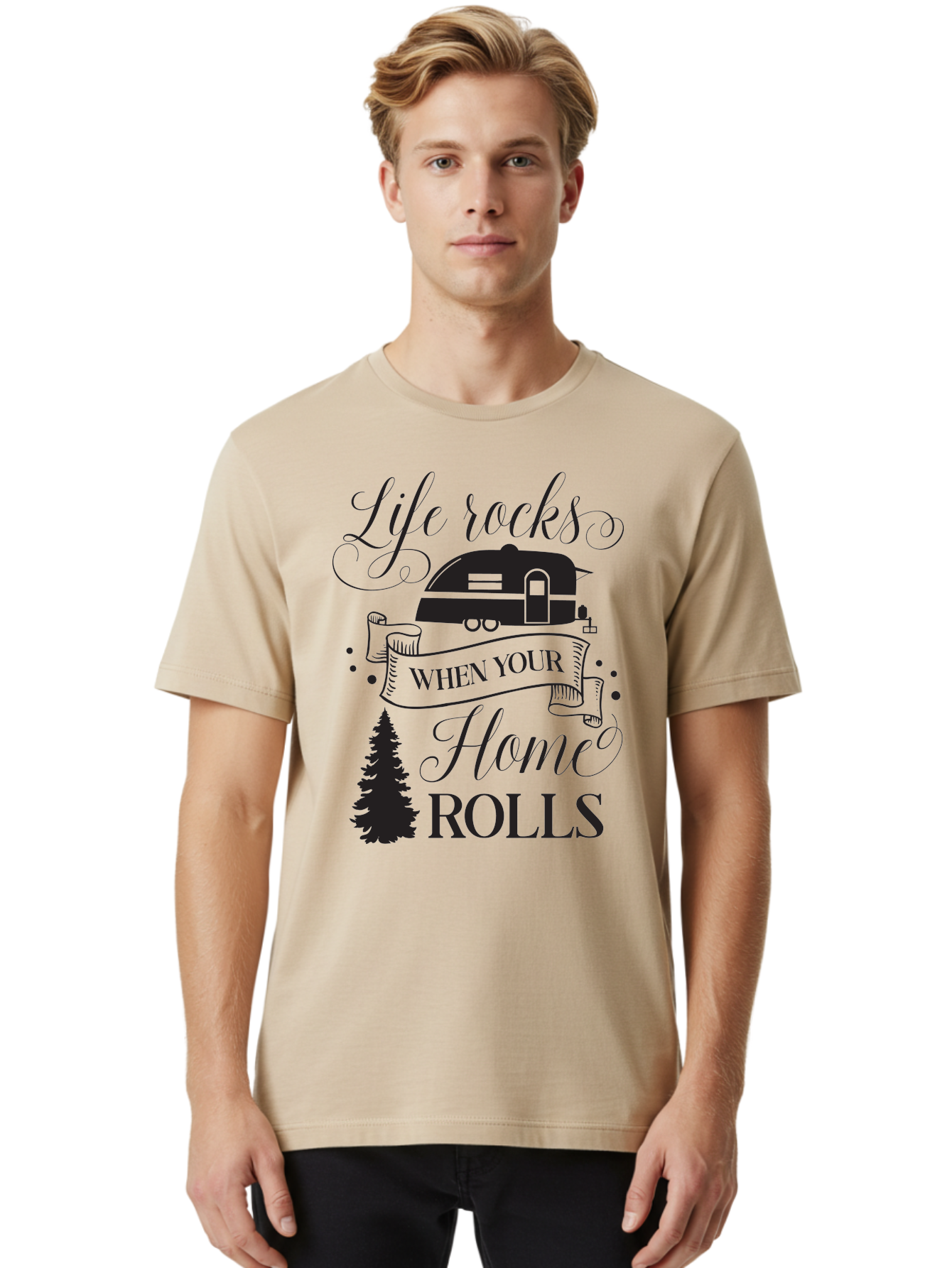 Life-Rocks-When-Your-Home-Rolls Men'S Graphic Tee, 100% Cotton, Comfortable Casual Summer Wear, Machine Washable, Camper Trailer, Camping Life, Adventure, Outdoor Lifestyle, Travel Trailer, Freedom, Wanderlust, Road Trip, Camping Quote Aac950