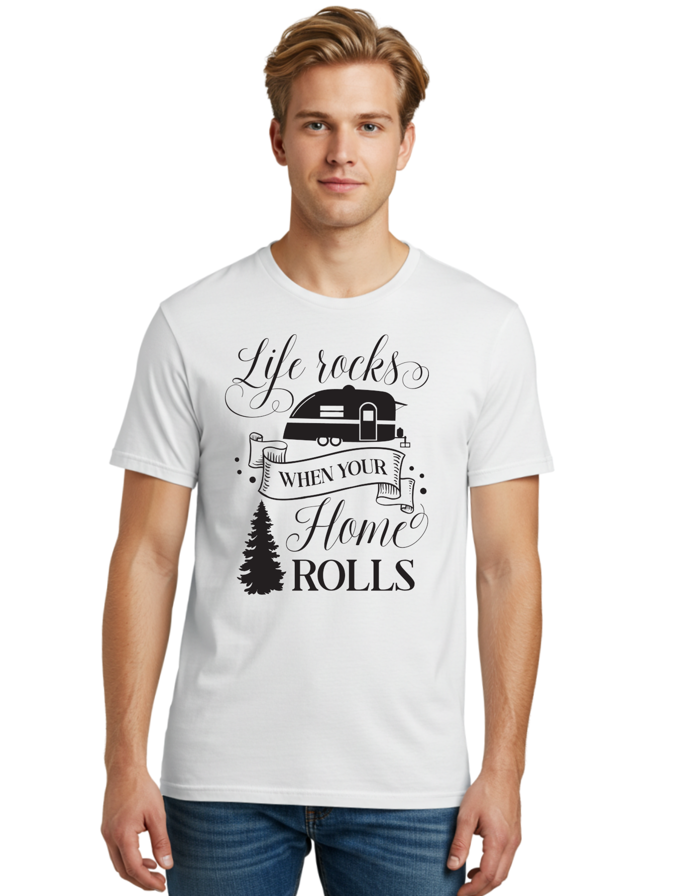 Life-Rocks-When-Your-Home-Rolls Men'S Graphic Tee, 100% Cotton, Comfortable Casual Summer Wear, Machine Washable, Camper Trailer, Camping Life, Adventure, Outdoor Lifestyle, Travel Trailer, Freedom, Wanderlust, Road Trip, Camping Quote Aac950