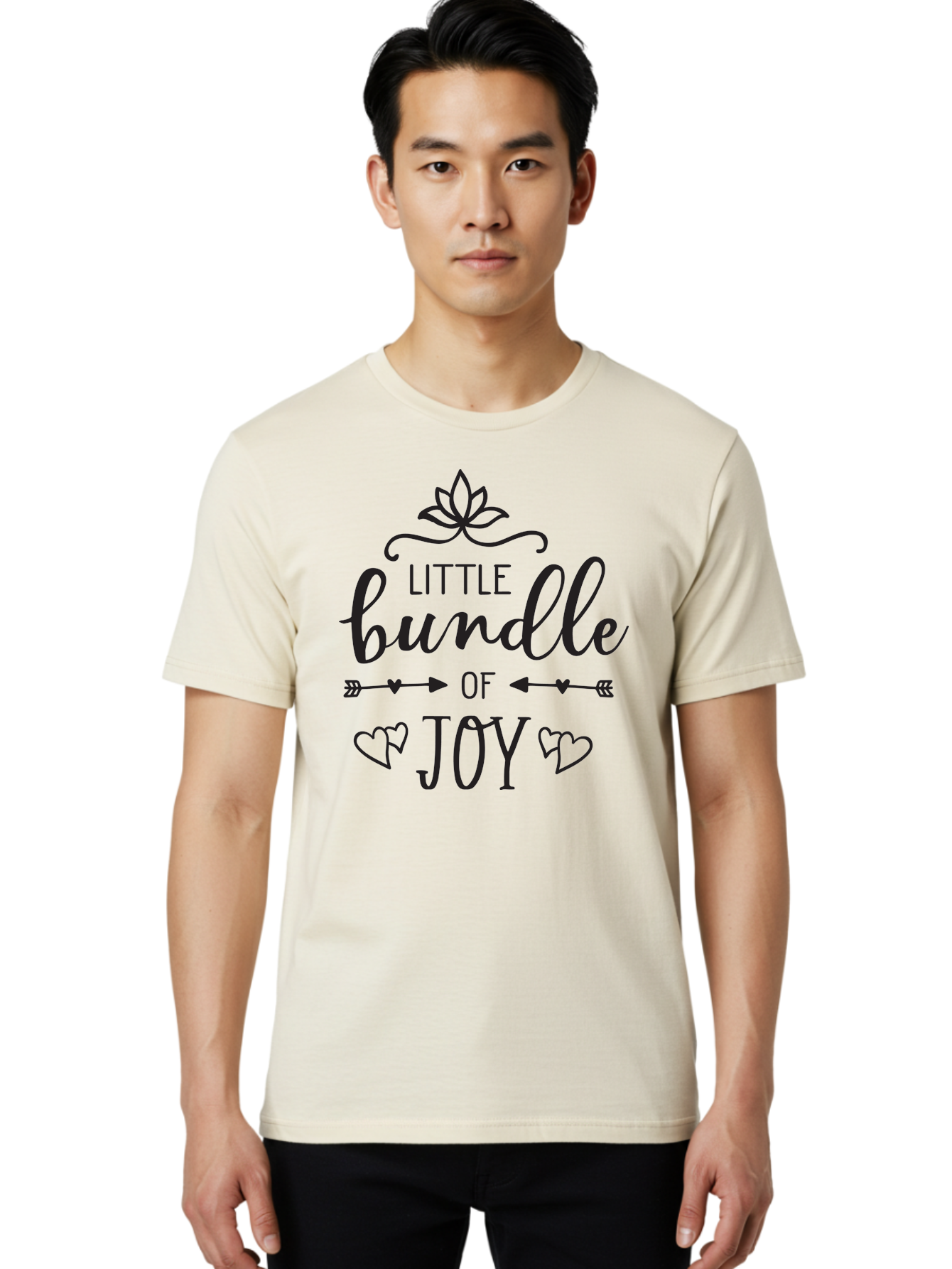 Little-Bundle-Of-Joy Men'S Graphic Tee, 100% Cotton, Comfortable Casual Summer Wear, Machine Washable, New Baby Announcement, Joyful Sentiment, Cute Typography, Baby'S Arrival, Decorative Elements, Hearts, Arrows, Minimalist Design, Aac952