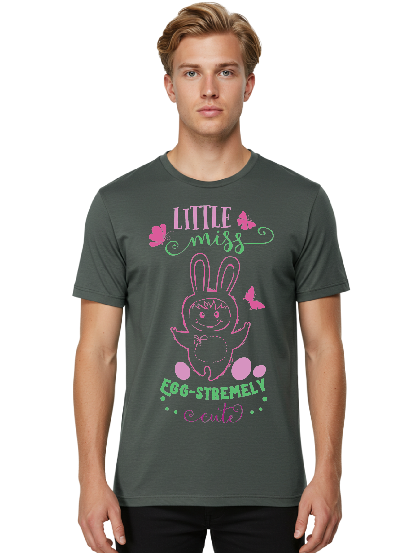 Little-Egg-Stra-Cute Men'S Graphic Tee, 100% Cotton, Comfortable Casual Summer Wear, Machine Washable, Easter Bunny, Cute Cartoon Character, Eggs-Travagant Design, Easter Eggs, Pastel Colors, Whimsical Illustration, Bunny Love, Spring Theme, Aac953