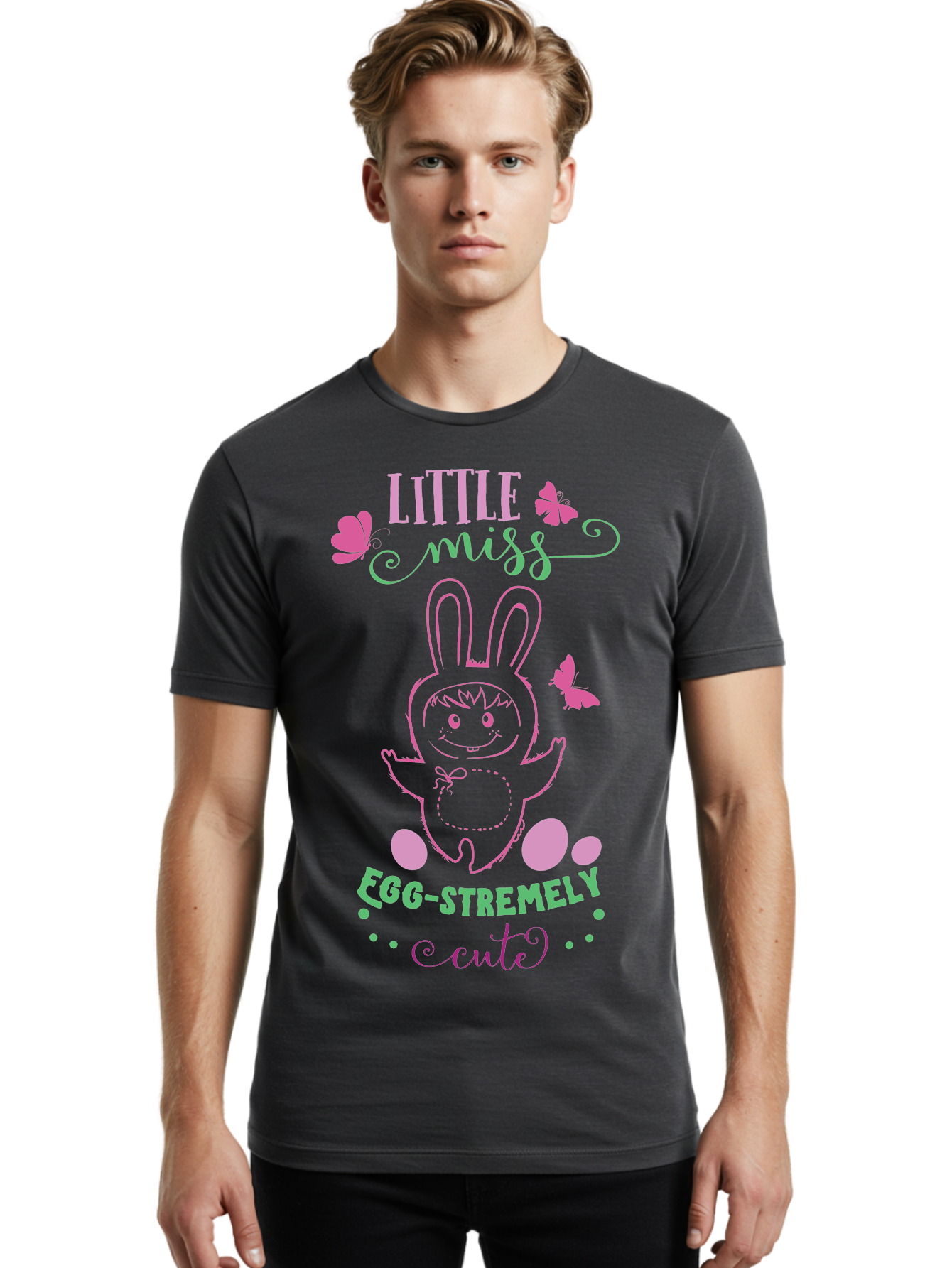 Little-Egg-Stra-Cute Men'S Graphic Tee, 100% Cotton, Comfortable Casual Summer Wear, Machine Washable, Easter Bunny, Cute Cartoon Character, Eggs-Travagant Design, Easter Eggs, Pastel Colors, Whimsical Illustration, Bunny Love, Spring Theme, Aac953
