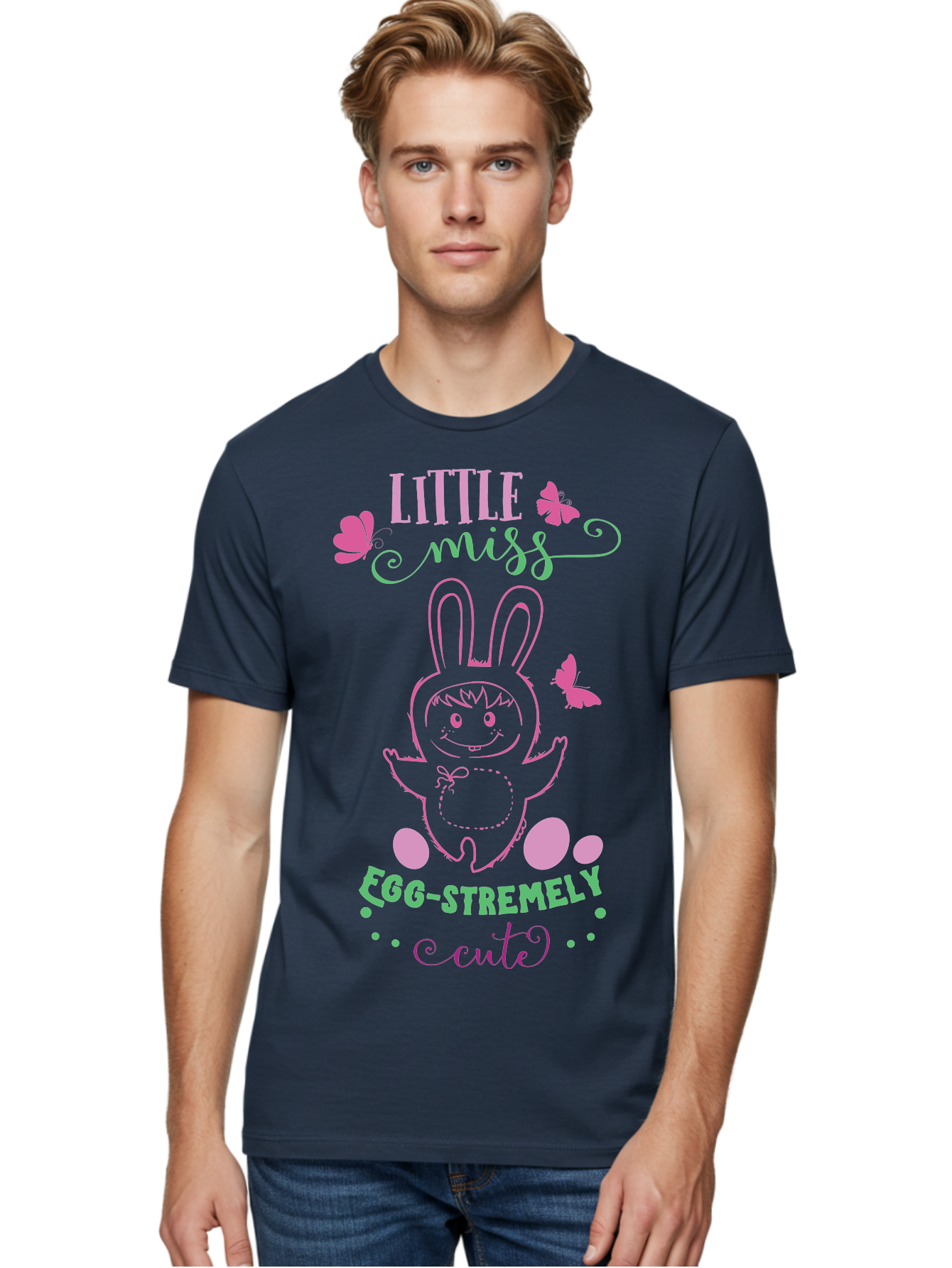 Little-Egg-Stra-Cute Men'S Graphic Tee, 100% Cotton, Comfortable Casual Summer Wear, Machine Washable, Easter Bunny, Cute Cartoon Character, Eggs-Travagant Design, Easter Eggs, Pastel Colors, Whimsical Illustration, Bunny Love, Spring Theme, Aac953