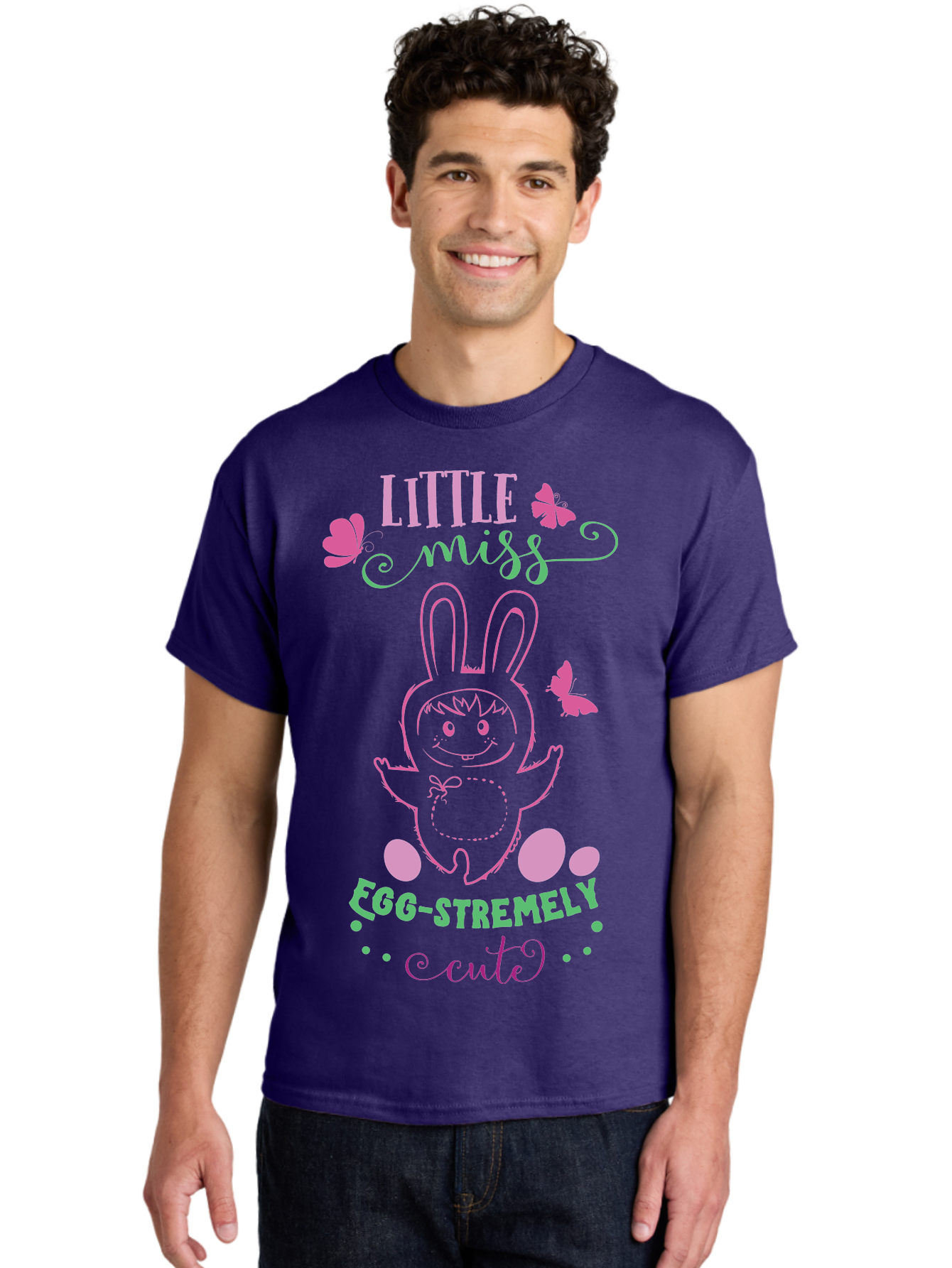 Little-Egg-Stra-Cute Men'S Graphic Tee, 100% Cotton, Comfortable Casual Summer Wear, Machine Washable, Easter Bunny, Cute Cartoon Character, Eggs-Travagant Design, Easter Eggs, Pastel Colors, Whimsical Illustration, Bunny Love, Spring Theme, Aac953