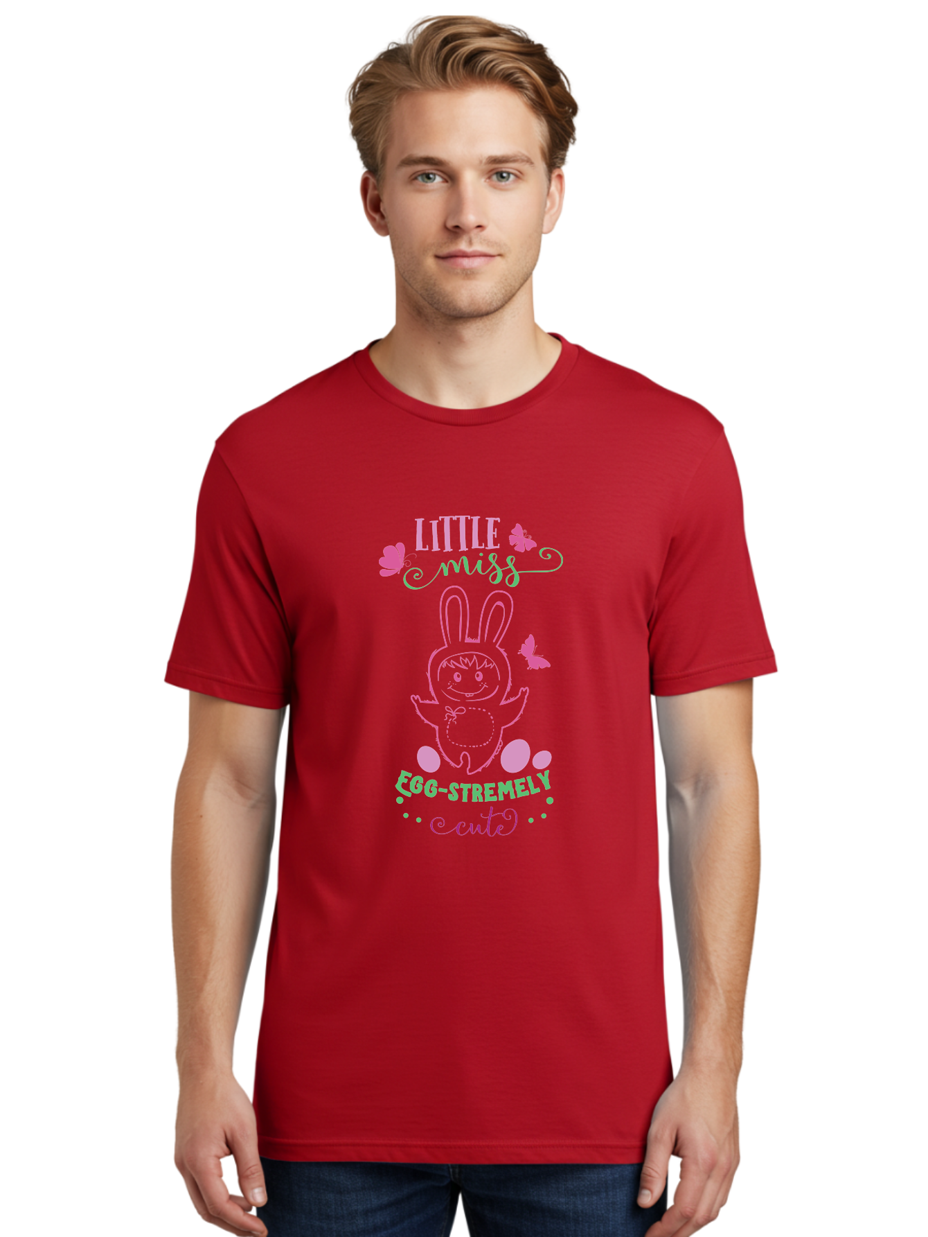 Little-Egg-Stra-Cute Men'S Graphic Tee, 100% Cotton, Comfortable Casual Summer Wear, Machine Washable, Easter Bunny, Cute Cartoon Character, Eggs-Travagant Design, Easter Eggs, Pastel Colors, Whimsical Illustration, Bunny Love, Spring Theme, Aac953