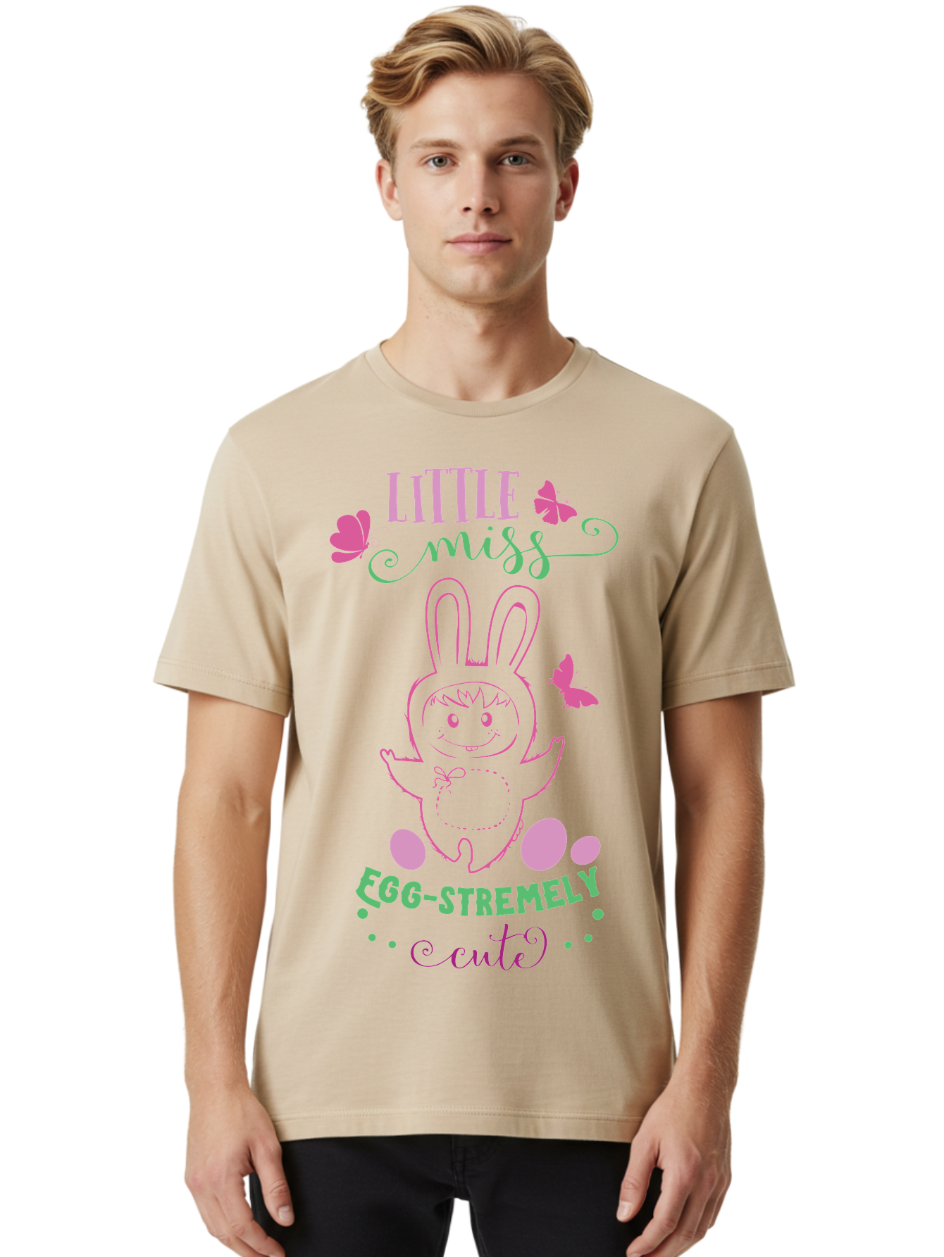 Little-Egg-Stra-Cute Men'S Graphic Tee, 100% Cotton, Comfortable Casual Summer Wear, Machine Washable, Easter Bunny, Cute Cartoon Character, Eggs-Travagant Design, Easter Eggs, Pastel Colors, Whimsical Illustration, Bunny Love, Spring Theme, Aac953
