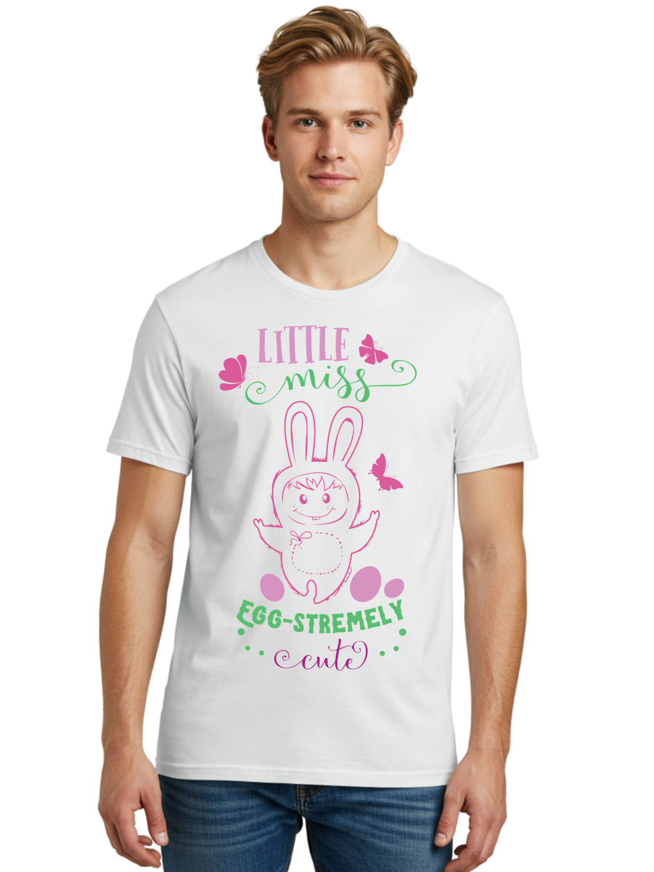 Little-Egg-Stra-Cute Men'S Graphic Tee, 100% Cotton, Comfortable Casual Summer Wear, Machine Washable, Easter Bunny, Cute Cartoon Character, Eggs-Travagant Design, Easter Eggs, Pastel Colors, Whimsical Illustration, Bunny Love, Spring Theme, Aac953