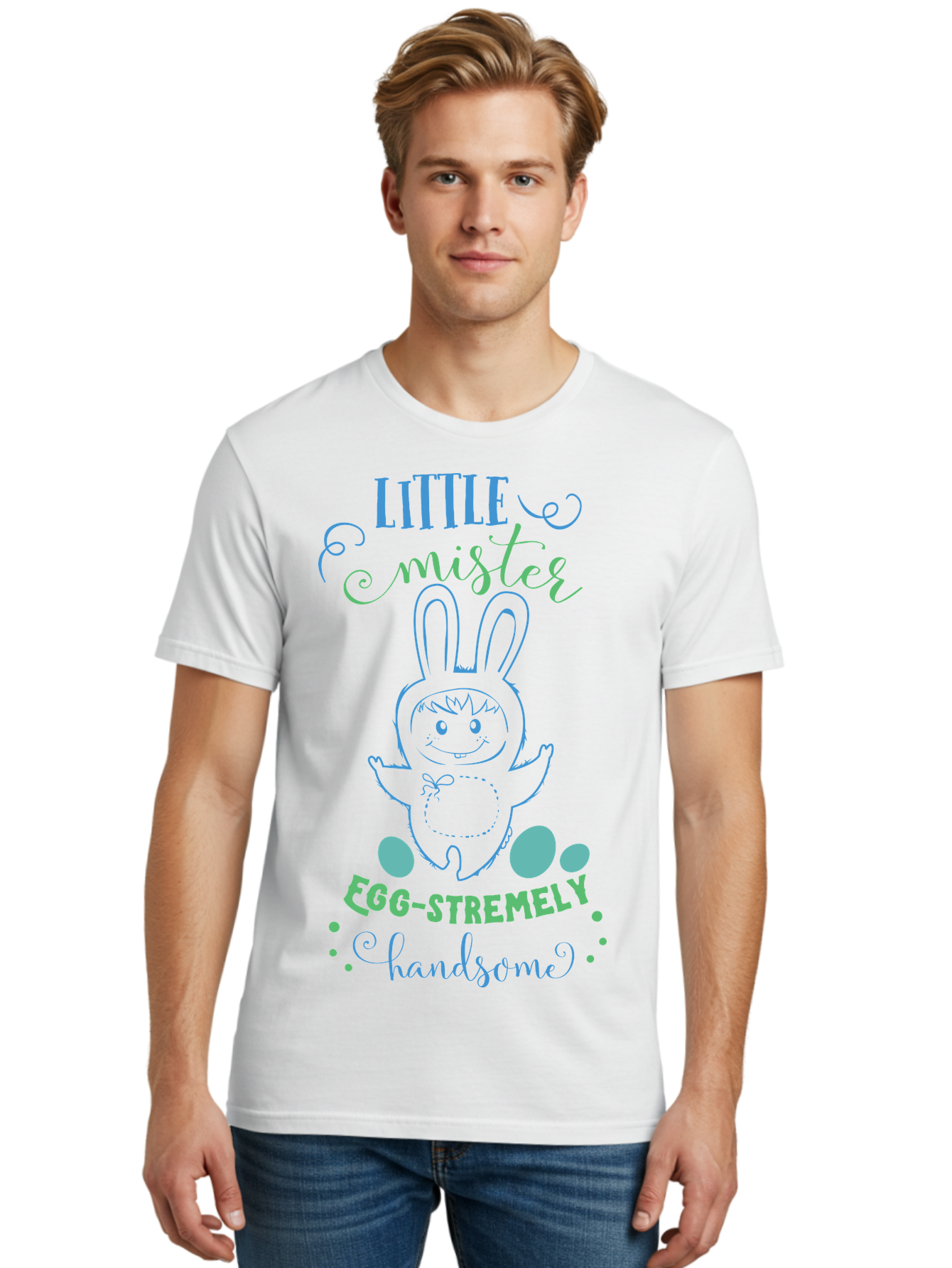 Little-Meepy-Egg-Stremely Men'S Graphic Tee, 100% Cotton, Comfortable Casual Summer Wear, Machine Washable, Easter Bunny, Cute Cartoon Character, Funny Bunny, Easter Eggs, Egg-Stremely Handsome, Little Bunny, Adorable Design, Bunny Love, Aac955