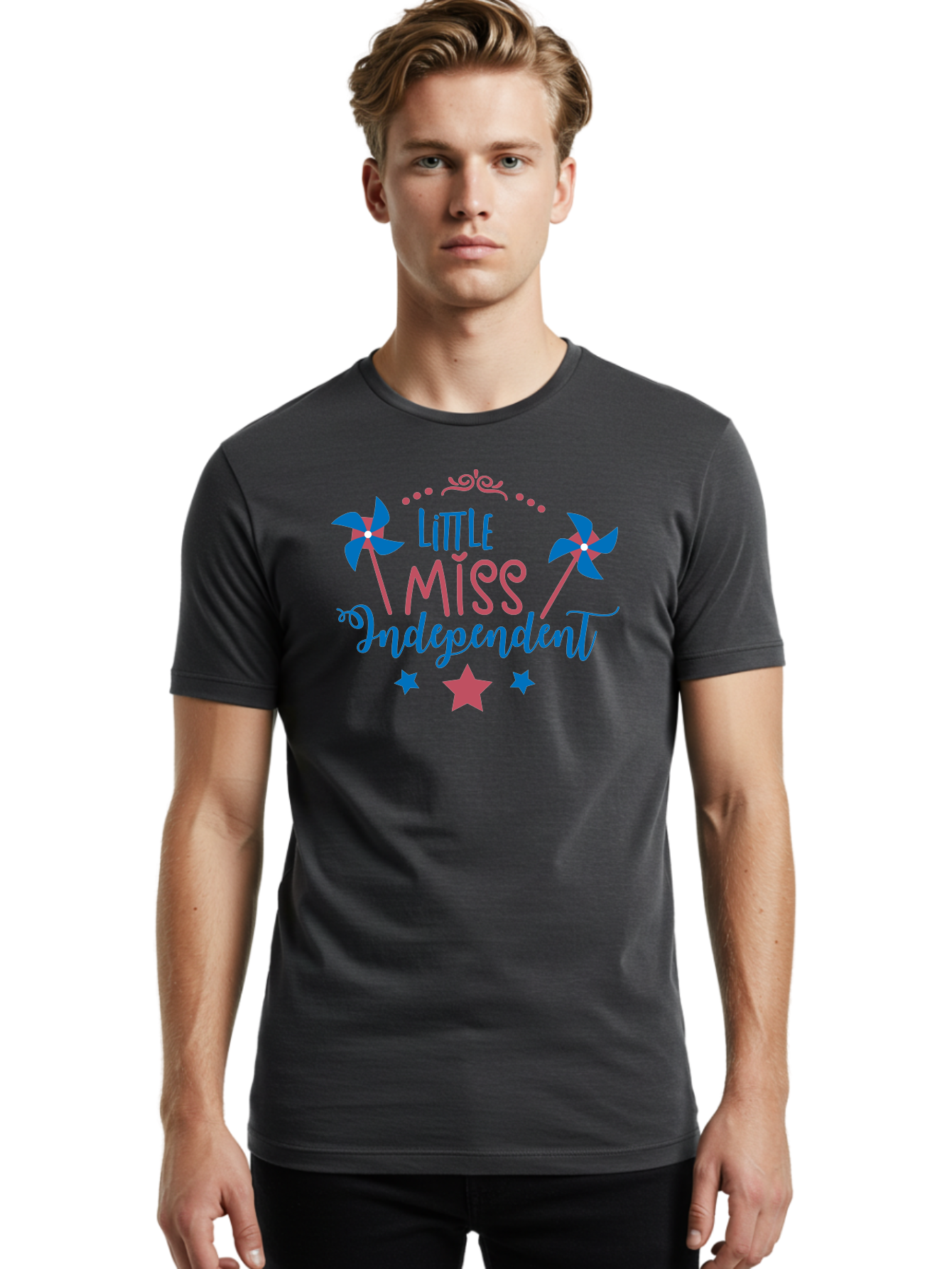 Little-Miss-Independent Men'S Graphic Tee, 100% Cotton, Comfortable Casual Summer Wear, Machine Washable, 4Th Of July, Independence Day, Little Miss Independent, Pinwheels, Stars, Patriotic Theme, Kids Design, Pink And Blue Colors, Aac957