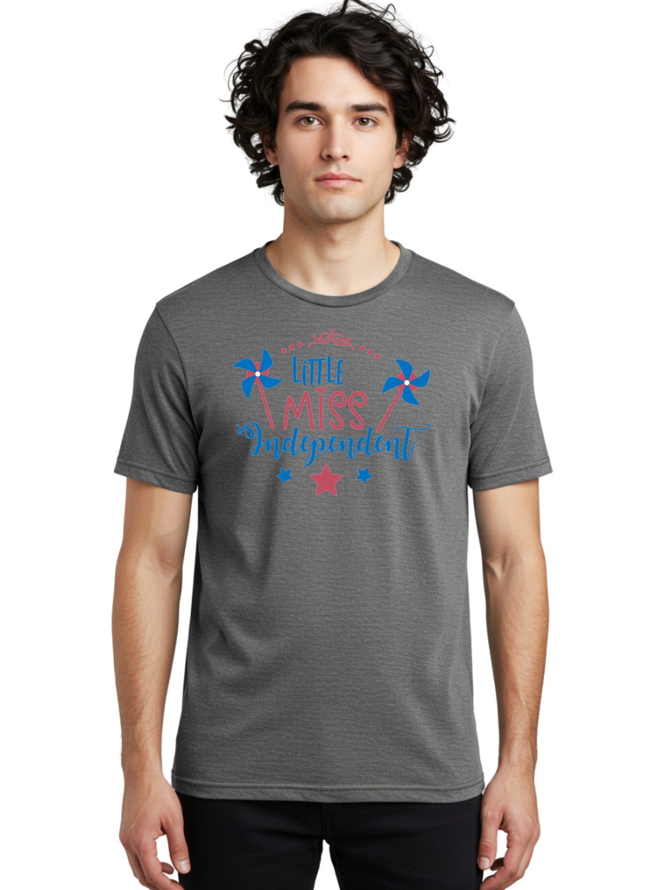 Little-Miss-Independent Men'S Graphic Tee, 100% Cotton, Comfortable Casual Summer Wear, Machine Washable, 4Th Of July, Independence Day, Little Miss Independent, Pinwheels, Stars, Patriotic Theme, Kids Design, Pink And Blue Colors, Aac957