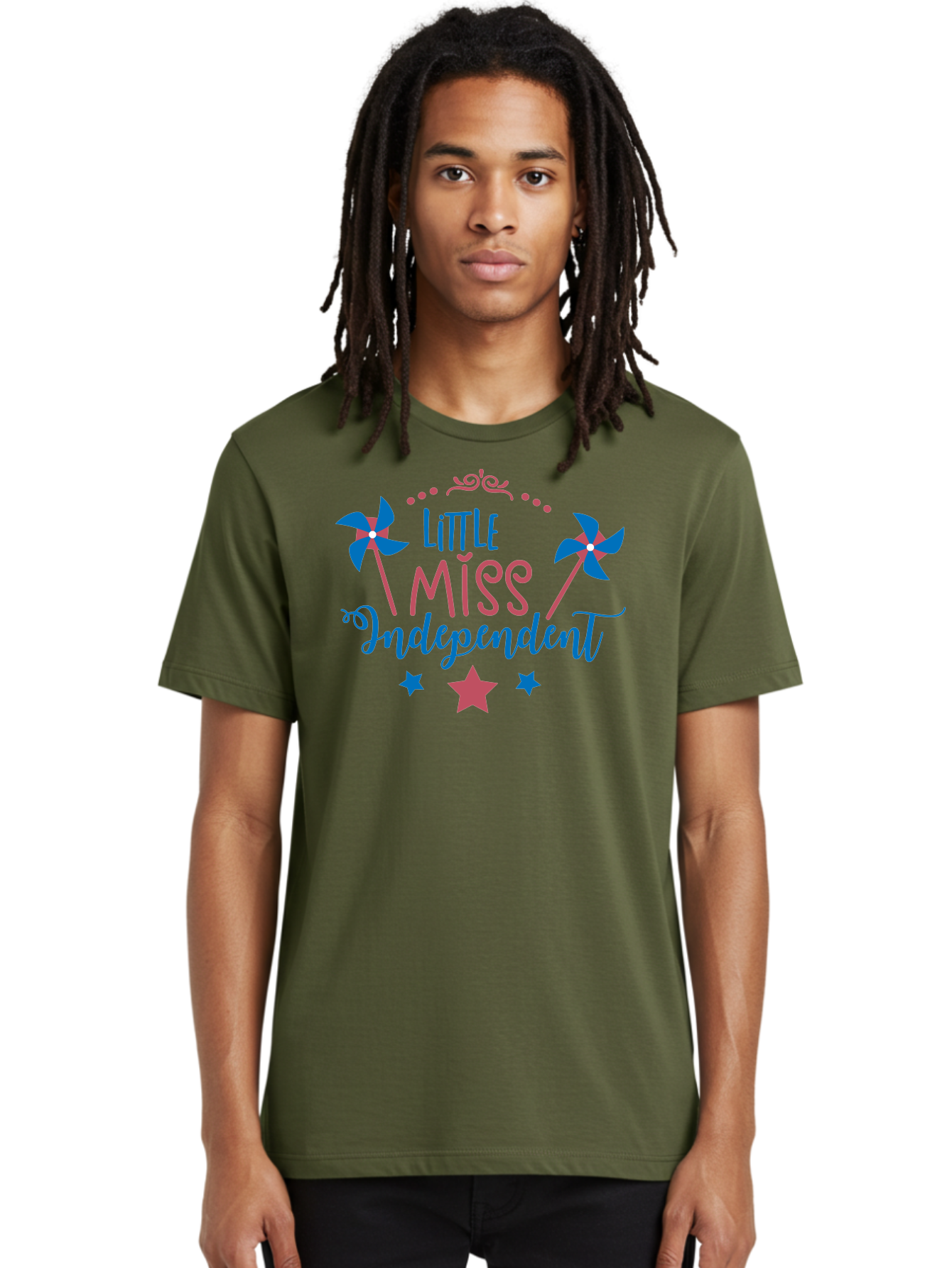 Little-Miss-Independent Men'S Graphic Tee, 100% Cotton, Comfortable Casual Summer Wear, Machine Washable, 4Th Of July, Independence Day, Little Miss Independent, Pinwheels, Stars, Patriotic Theme, Kids Design, Pink And Blue Colors, Aac957