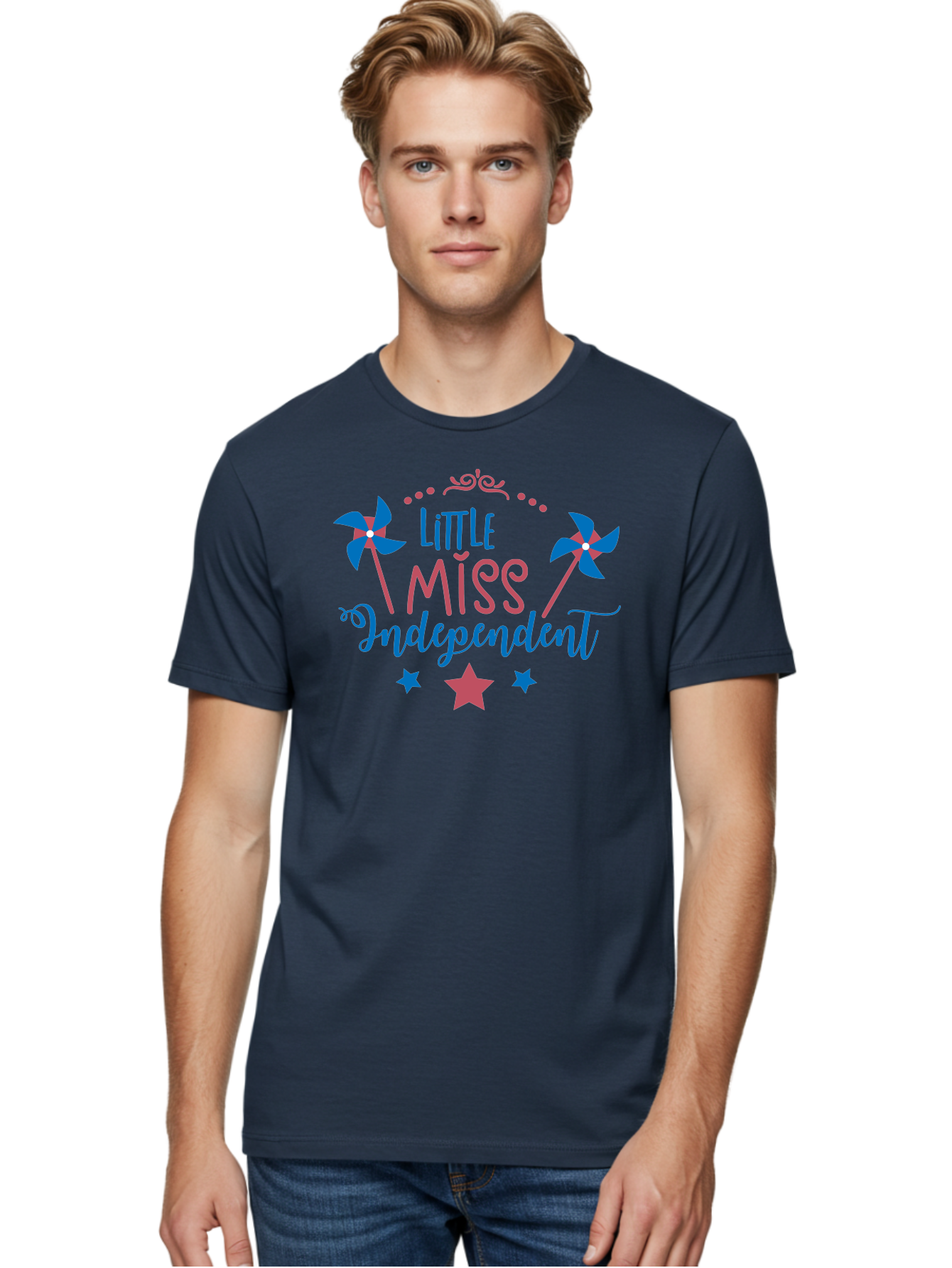 Little-Miss-Independent Men'S Graphic Tee, 100% Cotton, Comfortable Casual Summer Wear, Machine Washable, 4Th Of July, Independence Day, Little Miss Independent, Pinwheels, Stars, Patriotic Theme, Kids Design, Pink And Blue Colors, Aac957