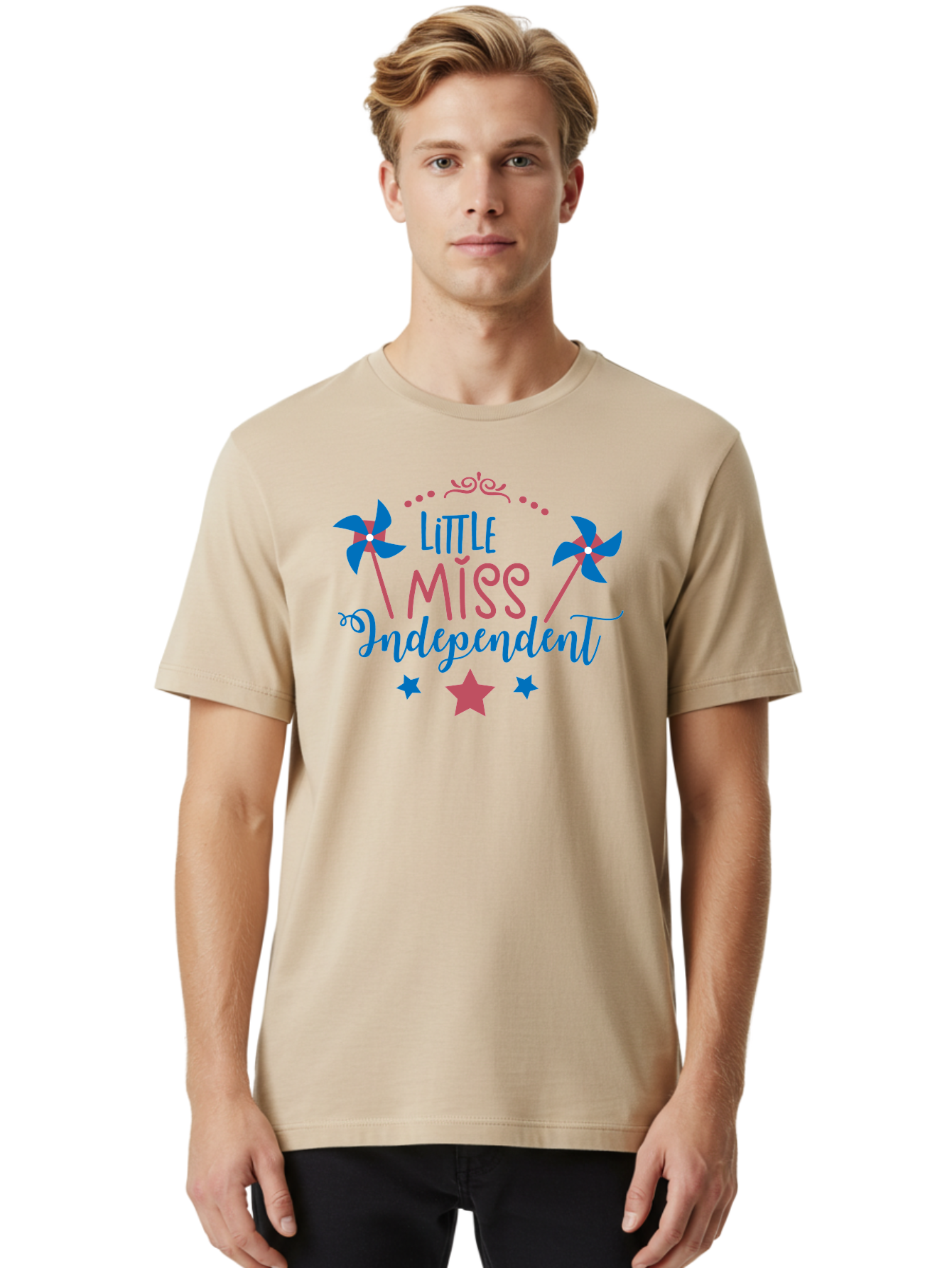 Little-Miss-Independent Men'S Graphic Tee, 100% Cotton, Comfortable Casual Summer Wear, Machine Washable, 4Th Of July, Independence Day, Little Miss Independent, Pinwheels, Stars, Patriotic Theme, Kids Design, Pink And Blue Colors, Aac957