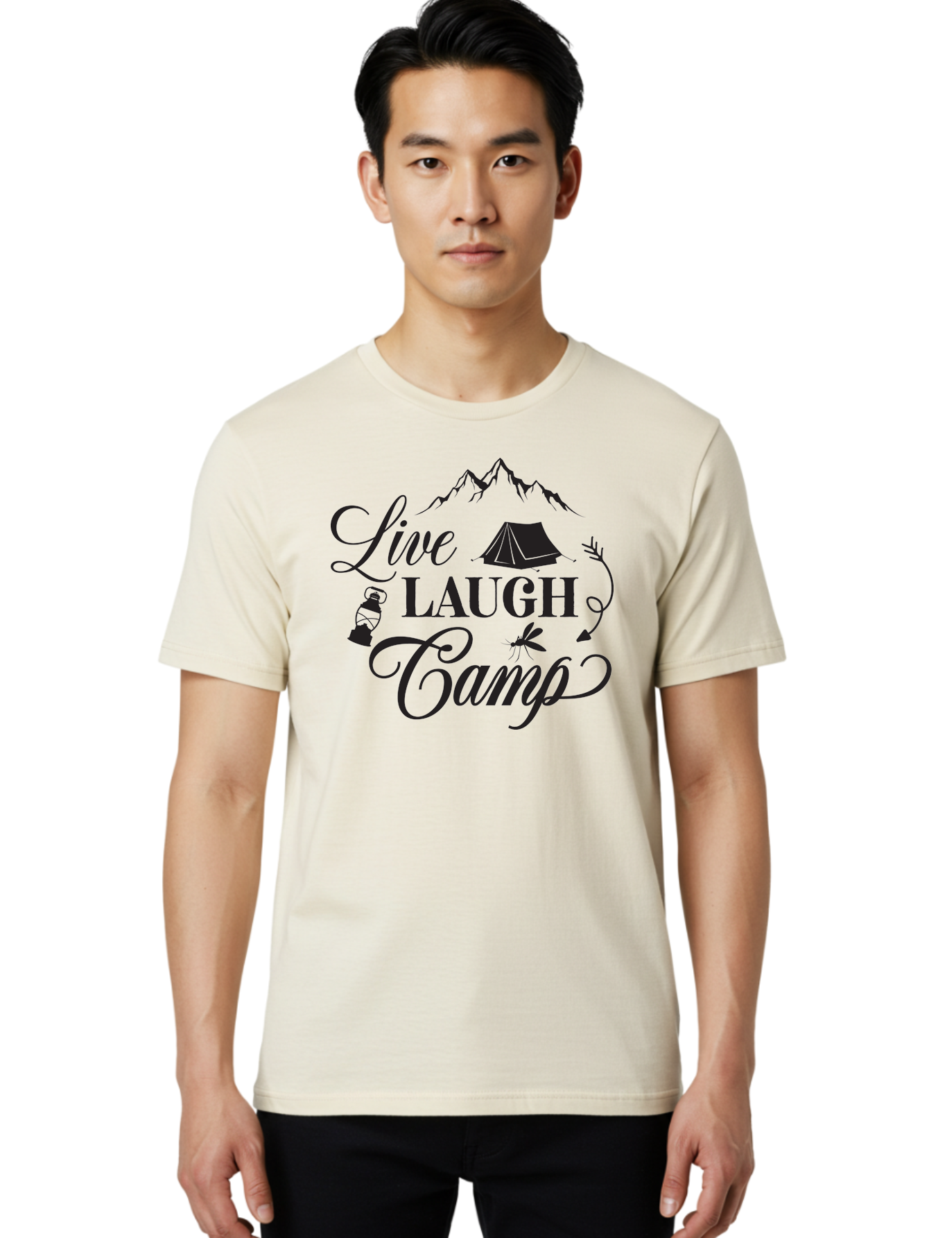 Live-Laugh-Camp Men'S Graphic Tee, 100% Cotton, Comfortable Casual Summer Wear, Machine Washable, Camping Adventure, Outdoor Fun, Tent, Mountains, Lantern, Mosquito, Campfire, Nature Escape, Wilderness Experience, Outdoor Recreation Aac961