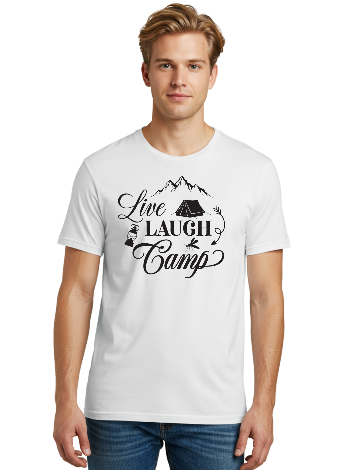 Live-Laugh-Camp Men'S Graphic Tee, 100% Cotton, Comfortable Casual Summer Wear, Machine Washable, Camping Adventure, Outdoor Fun, Tent, Mountains, Lantern, Mosquito, Campfire, Nature Escape, Wilderness Experience, Outdoor Recreation Aac961