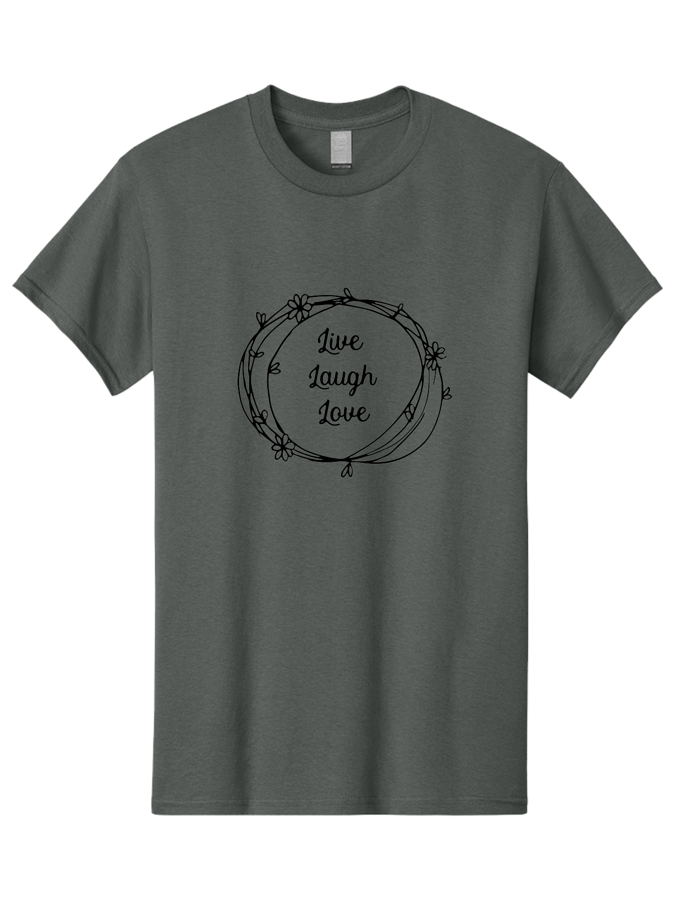 Live-Laugh-Love Men'S Graphic Tee, 100% Cotton, Comfortable Casual Summer Wear, Machine Washable, Inspirational Quote, Motivational Phrase, Floral Wreath, Black Illustration, Live Laugh Love, Positive Vibes, Happiness, Joy, Love, Aac962