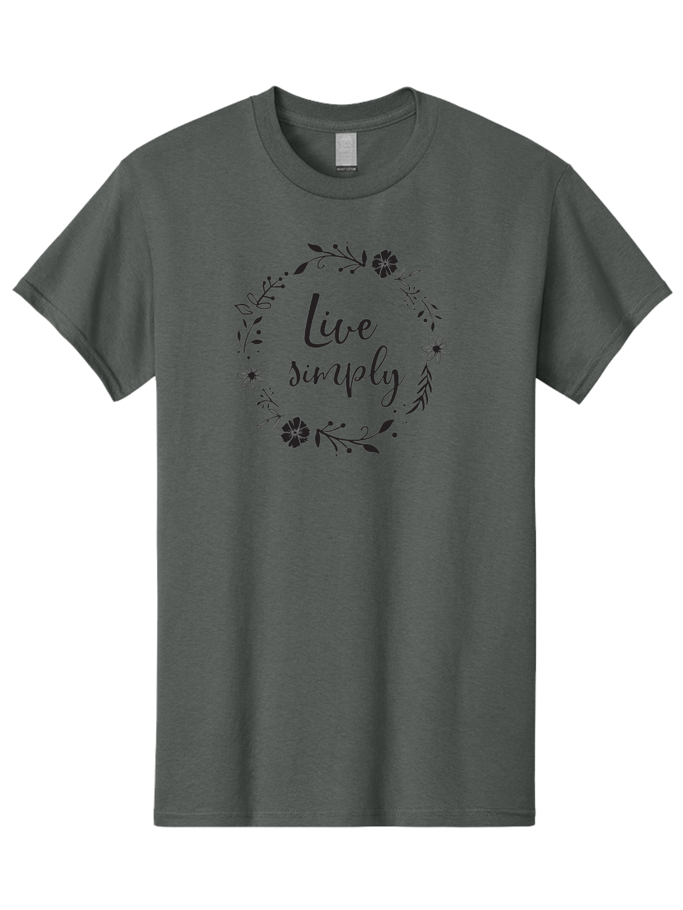 Live-Simply Men'S Graphic Tee, 100% Cotton, Comfortable Casual Summer Wear, Machine Washable, Floral Wreath, Inspiring Quote, Simple Living, Minimalist Lifestyle, Motivational Message, Black Ink, Elegant Script, Flowers And Leaves Aac964