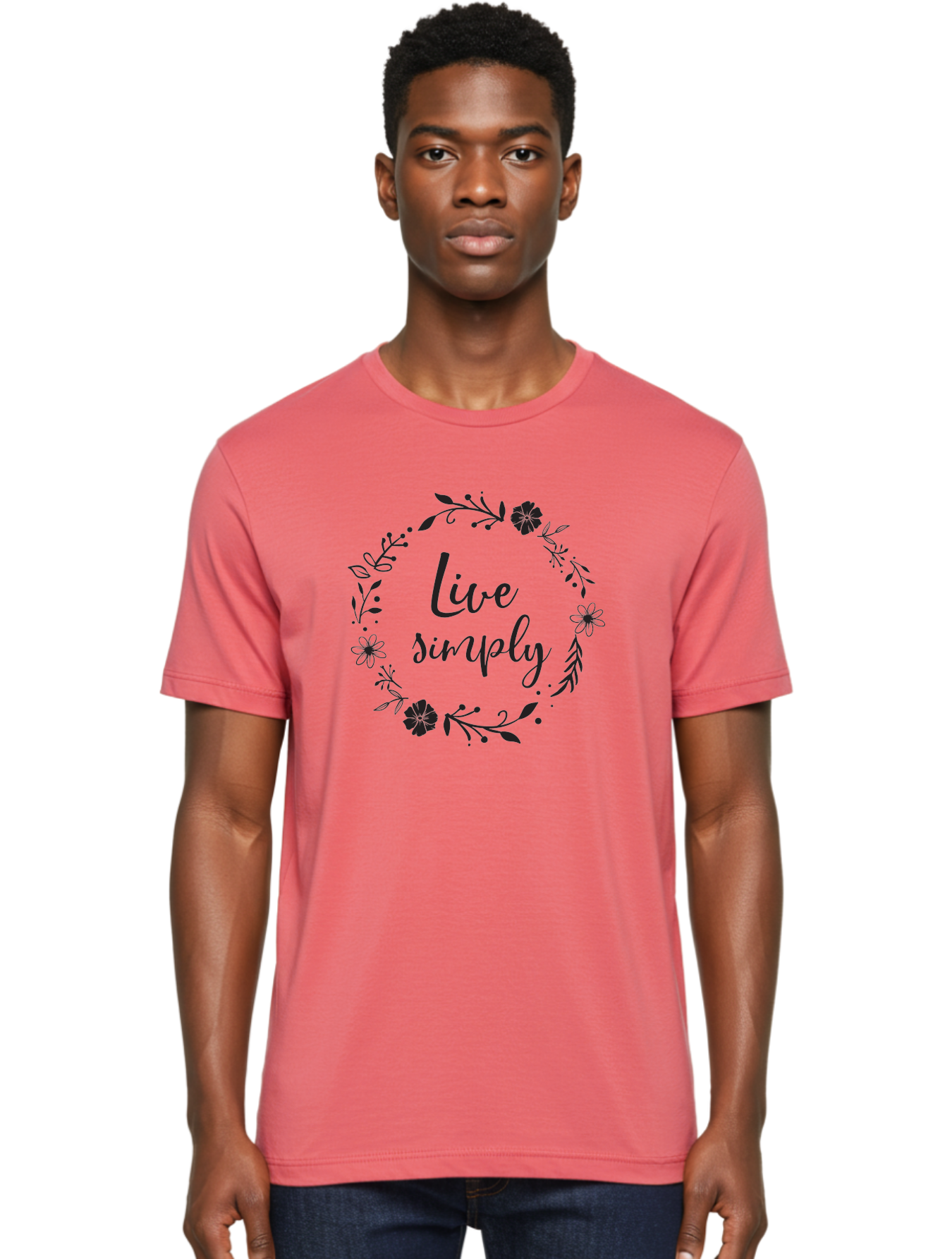 Live-Simply Men'S Graphic Tee, 100% Cotton, Comfortable Casual Summer Wear, Machine Washable, Floral Wreath, Inspiring Quote, Simple Living, Minimalist Lifestyle, Motivational Message, Black Ink, Elegant Script, Flowers And Leaves Aac964