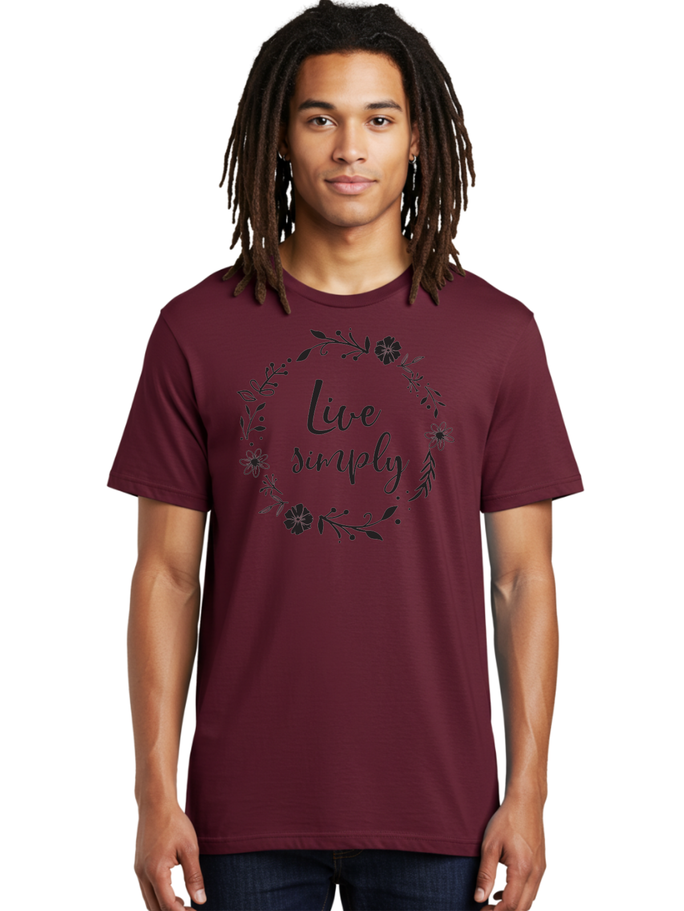 Live-Simply Men'S Graphic Tee, 100% Cotton, Comfortable Casual Summer Wear, Machine Washable, Floral Wreath, Inspiring Quote, Simple Living, Minimalist Lifestyle, Motivational Message, Black Ink, Elegant Script, Flowers And Leaves Aac964