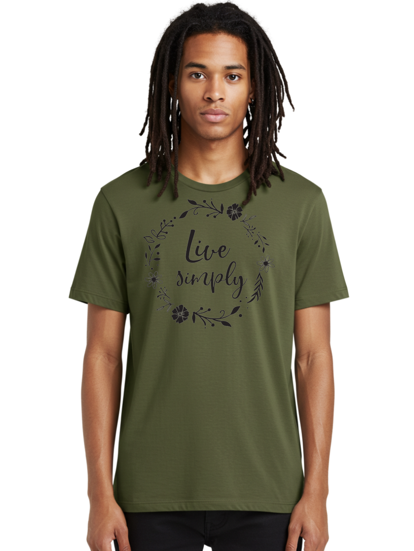 Live-Simply Men'S Graphic Tee, 100% Cotton, Comfortable Casual Summer Wear, Machine Washable, Floral Wreath, Inspiring Quote, Simple Living, Minimalist Lifestyle, Motivational Message, Black Ink, Elegant Script, Flowers And Leaves Aac964