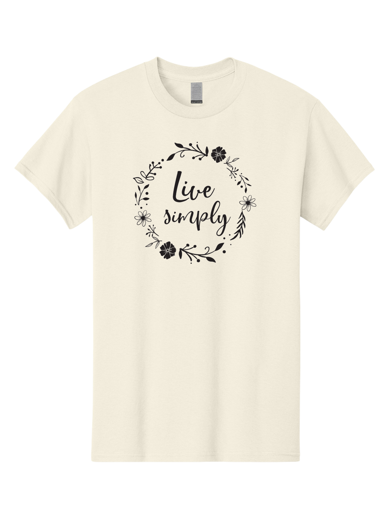 Live-Simply Men'S Graphic Tee, 100% Cotton, Comfortable Casual Summer Wear, Machine Washable, Floral Wreath, Inspiring Quote, Simple Living, Minimalist Lifestyle, Motivational Message, Black Ink, Elegant Script, Flowers And Leaves Aac964