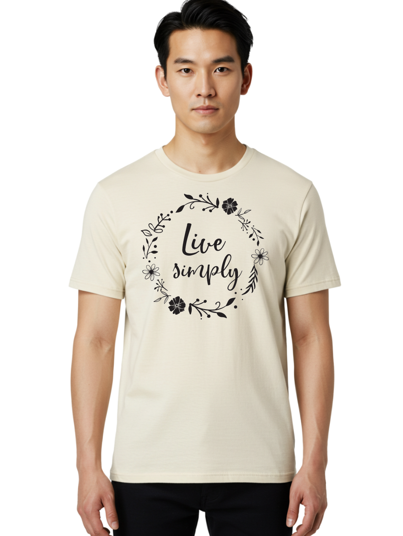 Live-Simply Men'S Graphic Tee, 100% Cotton, Comfortable Casual Summer Wear, Machine Washable, Floral Wreath, Inspiring Quote, Simple Living, Minimalist Lifestyle, Motivational Message, Black Ink, Elegant Script, Flowers And Leaves Aac964