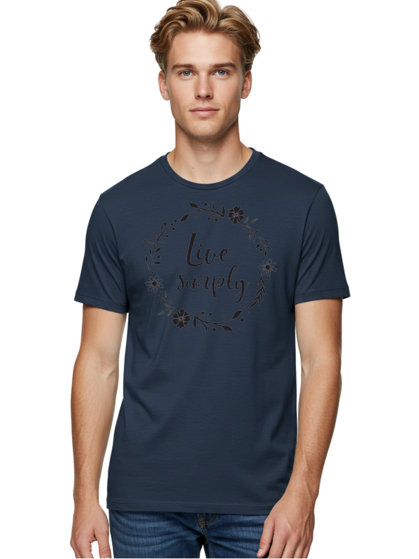 Live-Simply Men'S Graphic Tee, 100% Cotton, Comfortable Casual Summer Wear, Machine Washable, Floral Wreath, Inspiring Quote, Simple Living, Minimalist Lifestyle, Motivational Message, Black Ink, Elegant Script, Flowers And Leaves Aac964