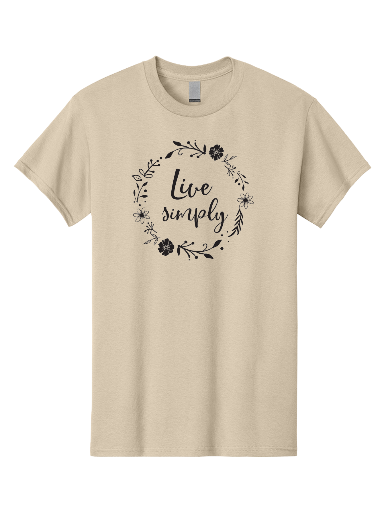 Live-Simply Men'S Graphic Tee, 100% Cotton, Comfortable Casual Summer Wear, Machine Washable, Floral Wreath, Inspiring Quote, Simple Living, Minimalist Lifestyle, Motivational Message, Black Ink, Elegant Script, Flowers And Leaves Aac964