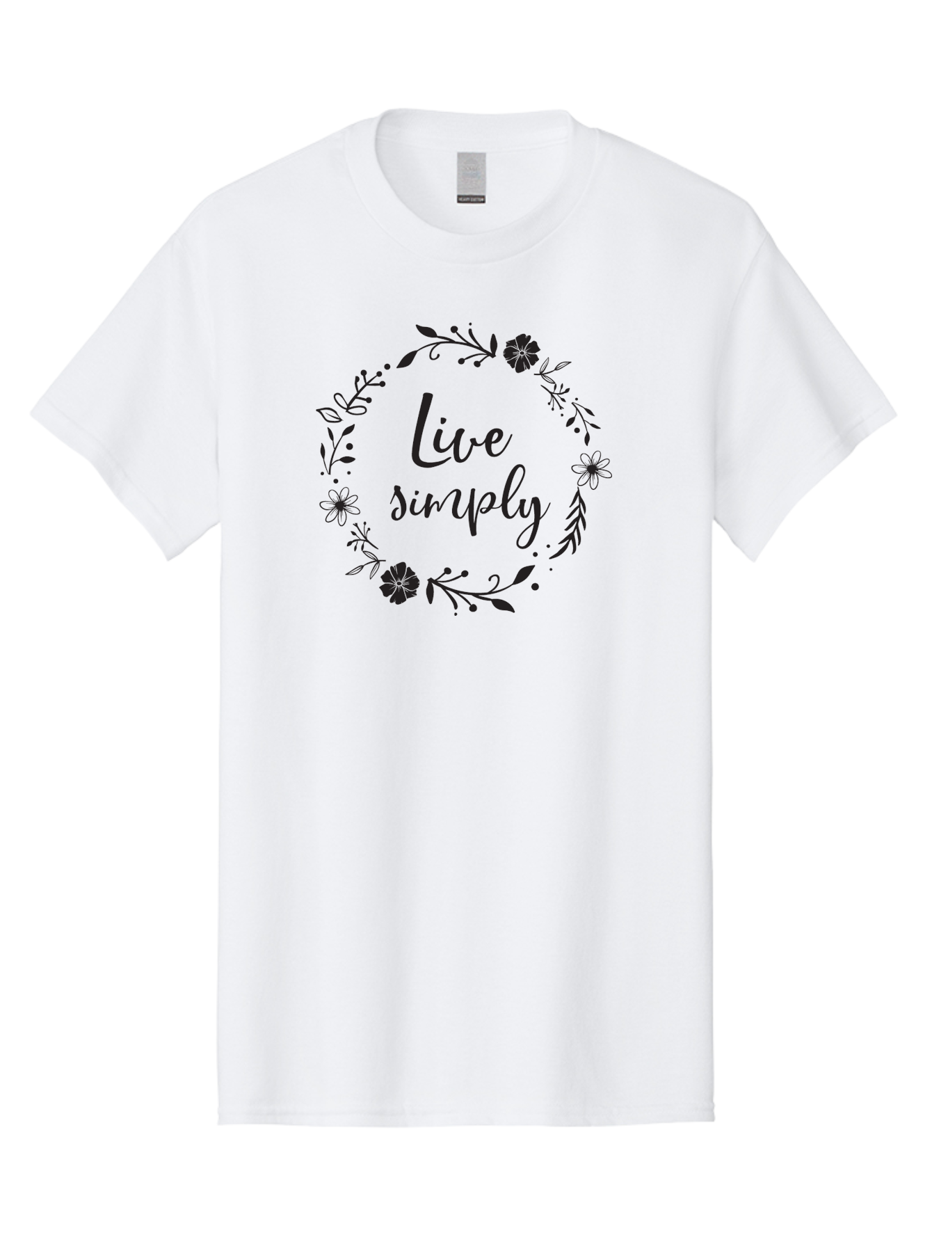Live-Simply Men'S Graphic Tee, 100% Cotton, Comfortable Casual Summer Wear, Machine Washable, Floral Wreath, Inspiring Quote, Simple Living, Minimalist Lifestyle, Motivational Message, Black Ink, Elegant Script, Flowers And Leaves Aac964