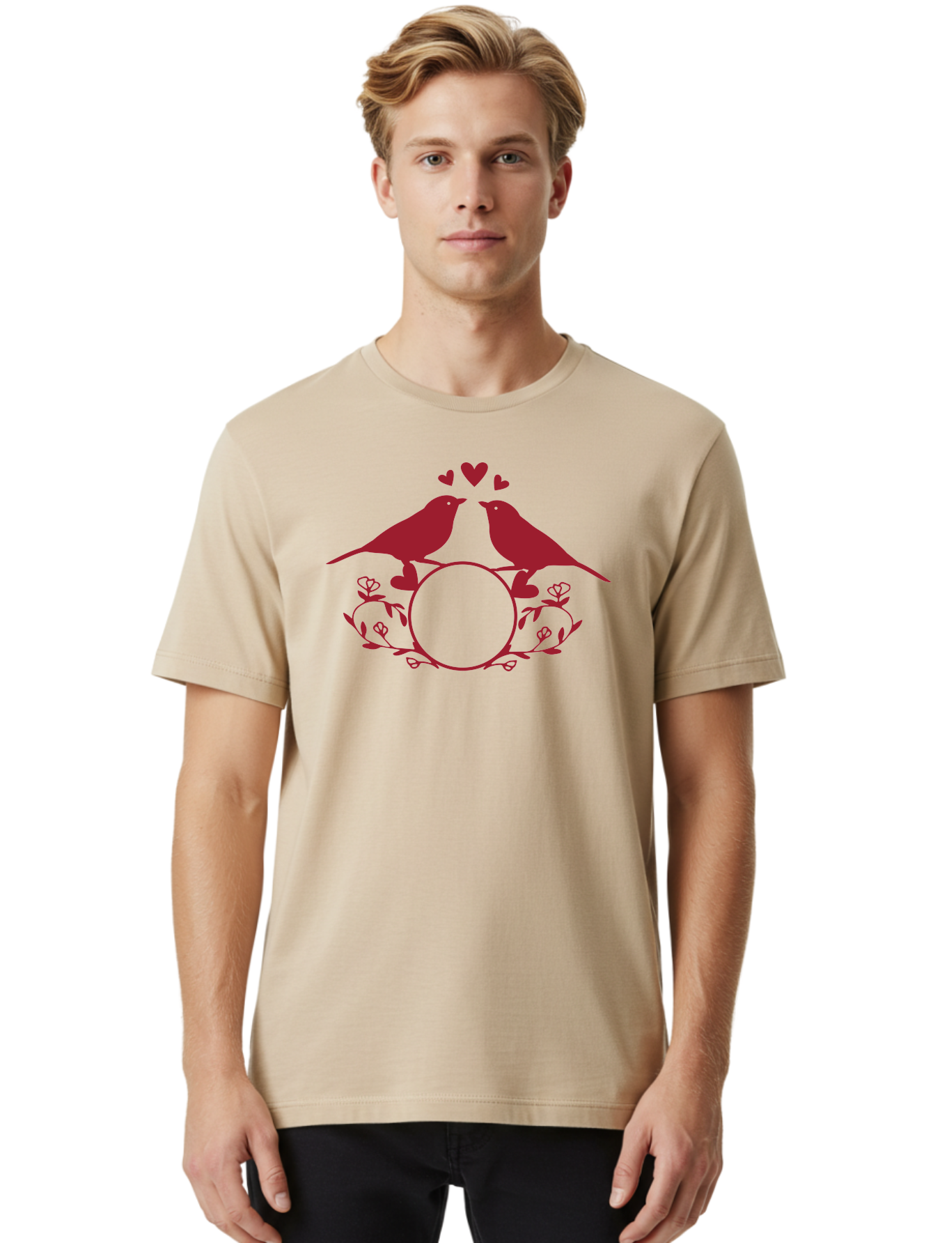 Love-Birds-1 Men'S Graphic Tee, 100% Cotton, Comfortable Casual Summer Wear, Machine Washable, Lovebirds Perched On Branch, Kissing, Surrounded By Hearts, Floral Wreath, Love Symbol, Romance, Tender Moment, Sweethearts, Couple Love Aac971