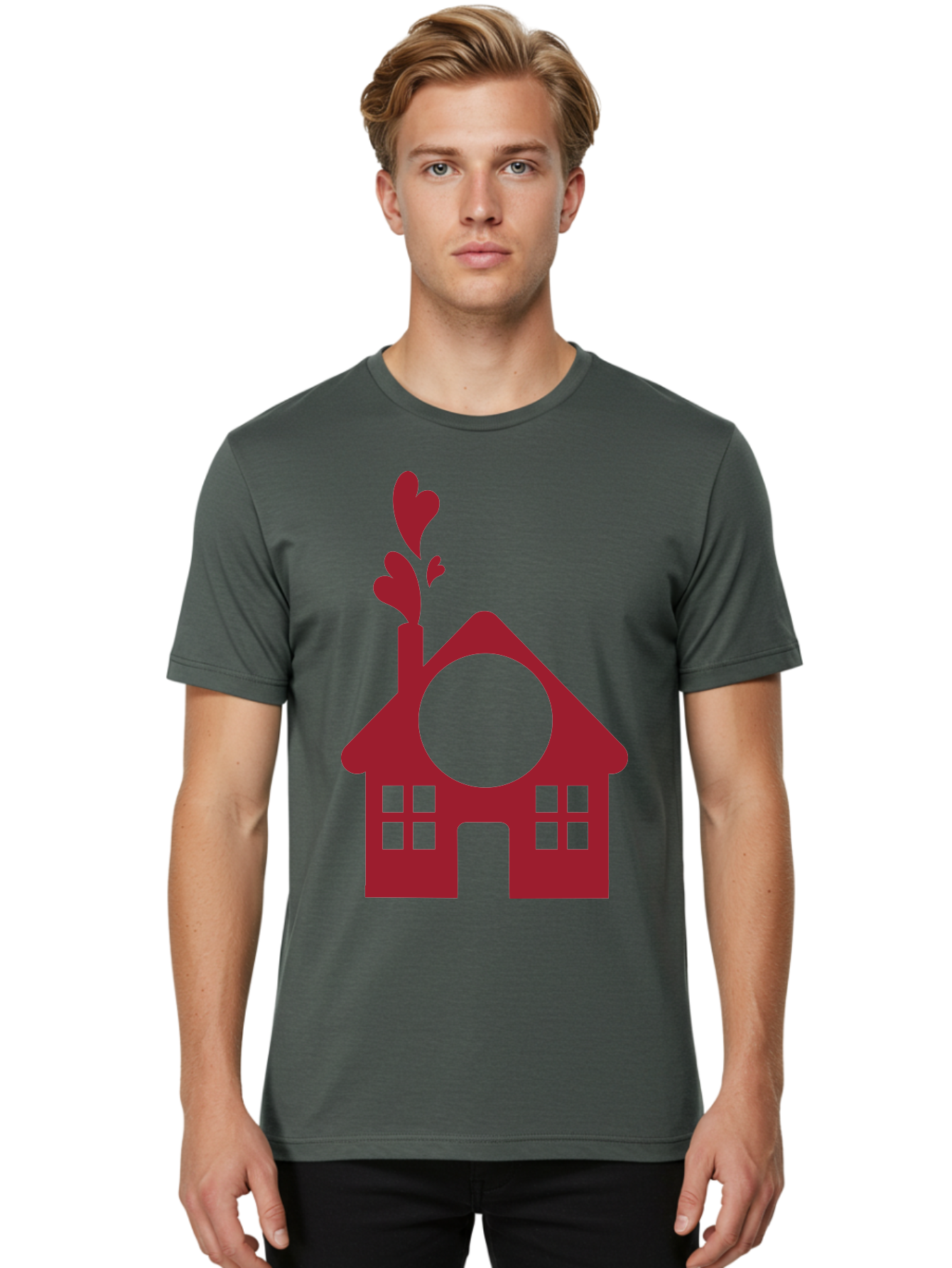 Love-Home Men'S Graphic Tee, 100% Cotton, Comfortable Casual Summer Wear, Machine Washable, Cozy Home, Red House, Heart Shaped Leaves, Chimney With Hearts, Simple Home Design, Modern House Illustration, Love Symbol, Heartwarming Home, Aac974