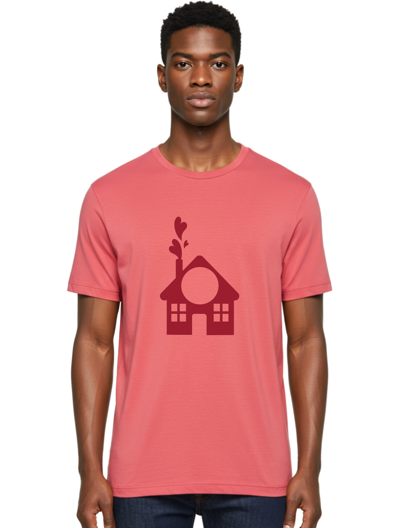 Love-Home Men'S Graphic Tee, 100% Cotton, Comfortable Casual Summer Wear, Machine Washable, Cozy Home, Red House, Heart Shaped Leaves, Chimney With Hearts, Simple Home Design, Modern House Illustration, Love Symbol, Heartwarming Home, Aac974