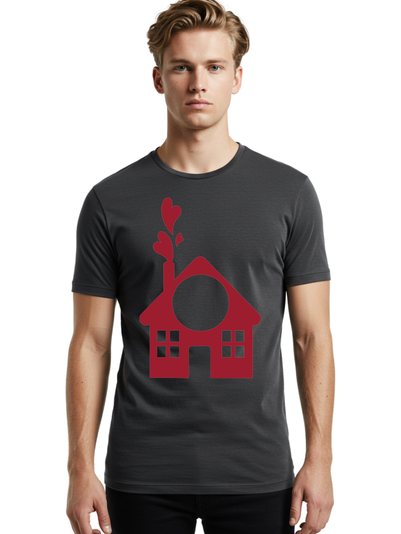 Love-Home Men'S Graphic Tee, 100% Cotton, Comfortable Casual Summer Wear, Machine Washable, Cozy Home, Red House, Heart Shaped Leaves, Chimney With Hearts, Simple Home Design, Modern House Illustration, Love Symbol, Heartwarming Home, Aac974