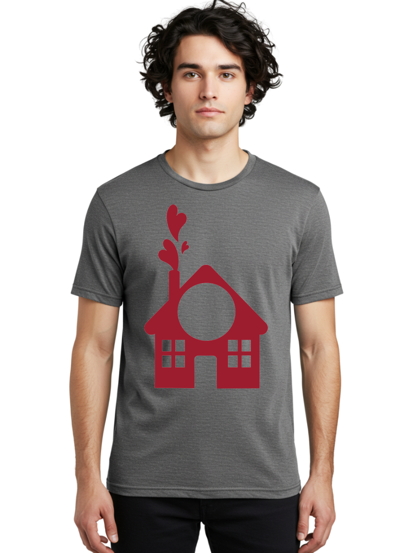 Love-Home Men'S Graphic Tee, 100% Cotton, Comfortable Casual Summer Wear, Machine Washable, Cozy Home, Red House, Heart Shaped Leaves, Chimney With Hearts, Simple Home Design, Modern House Illustration, Love Symbol, Heartwarming Home, Aac974