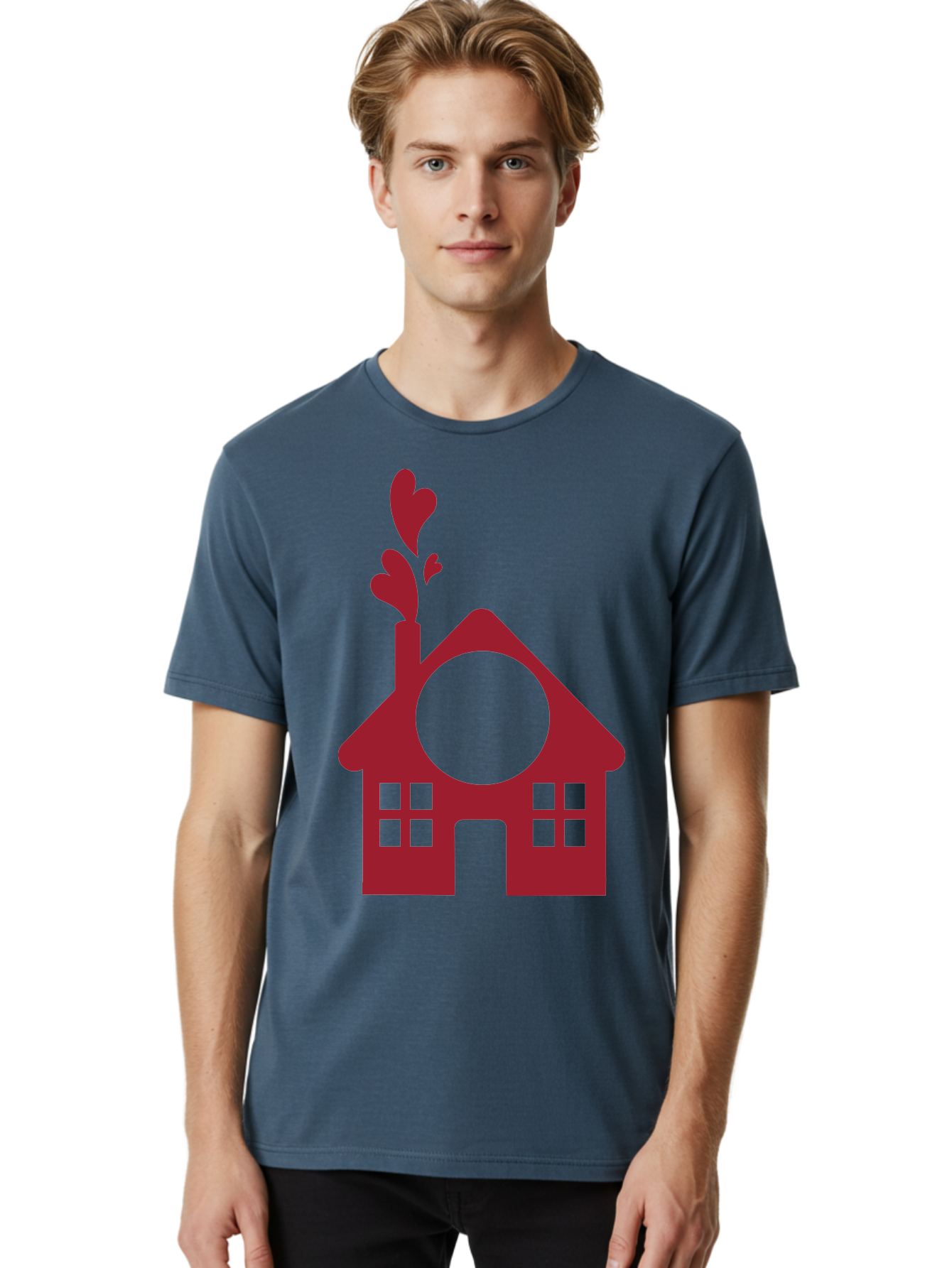 Love-Home Men'S Graphic Tee, 100% Cotton, Comfortable Casual Summer Wear, Machine Washable, Cozy Home, Red House, Heart Shaped Leaves, Chimney With Hearts, Simple Home Design, Modern House Illustration, Love Symbol, Heartwarming Home, Aac974