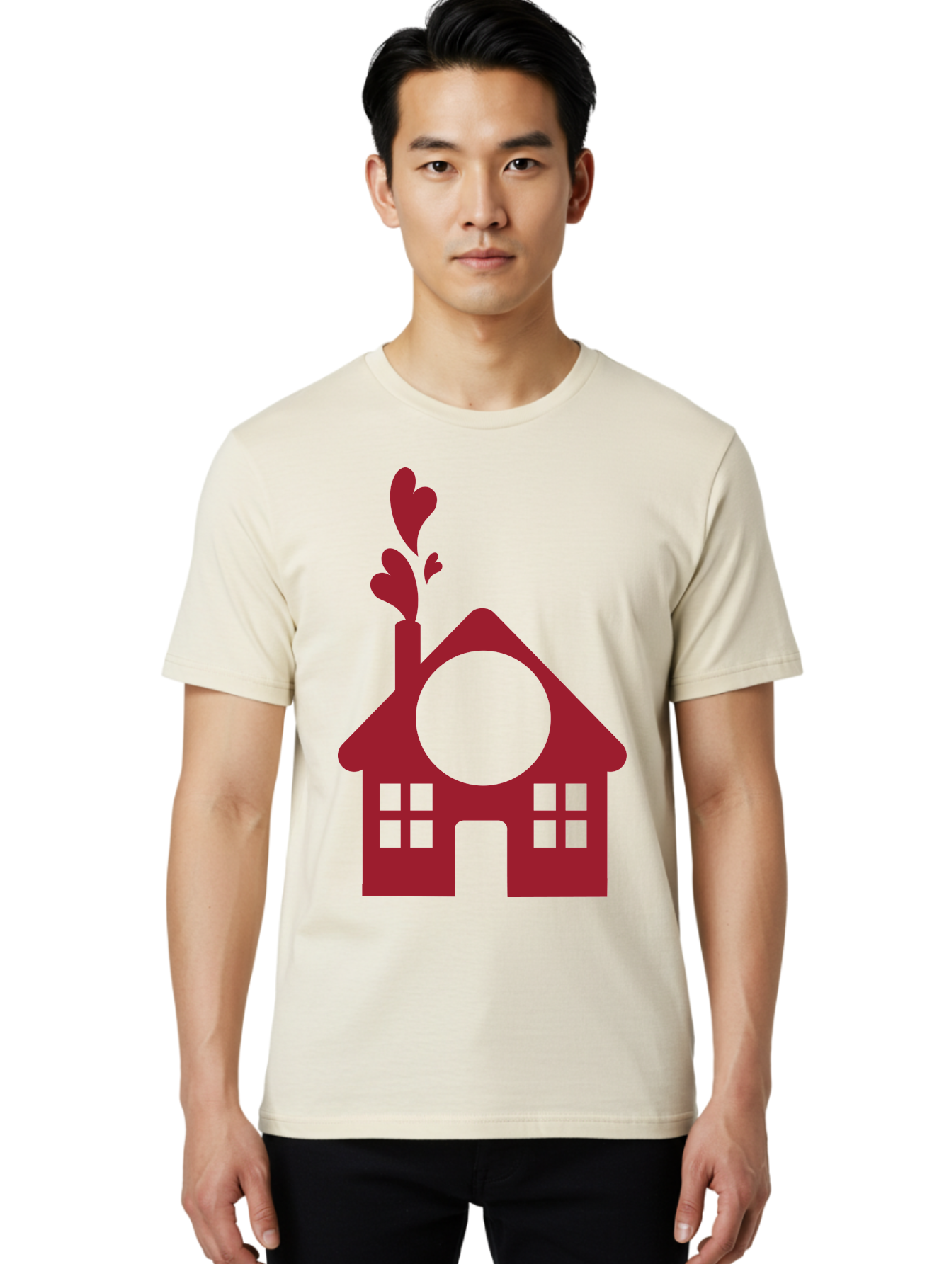 Love-Home Men'S Graphic Tee, 100% Cotton, Comfortable Casual Summer Wear, Machine Washable, Cozy Home, Red House, Heart Shaped Leaves, Chimney With Hearts, Simple Home Design, Modern House Illustration, Love Symbol, Heartwarming Home, Aac974
