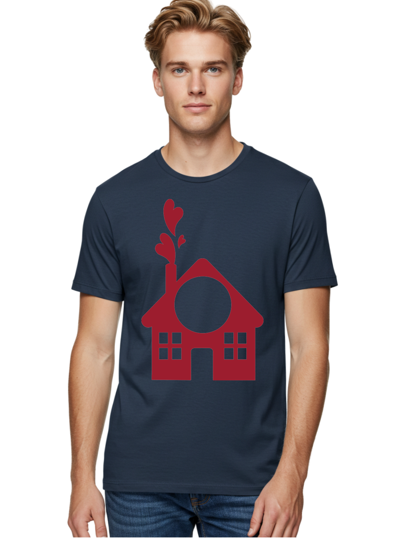 Love-Home Men'S Graphic Tee, 100% Cotton, Comfortable Casual Summer Wear, Machine Washable, Cozy Home, Red House, Heart Shaped Leaves, Chimney With Hearts, Simple Home Design, Modern House Illustration, Love Symbol, Heartwarming Home, Aac974