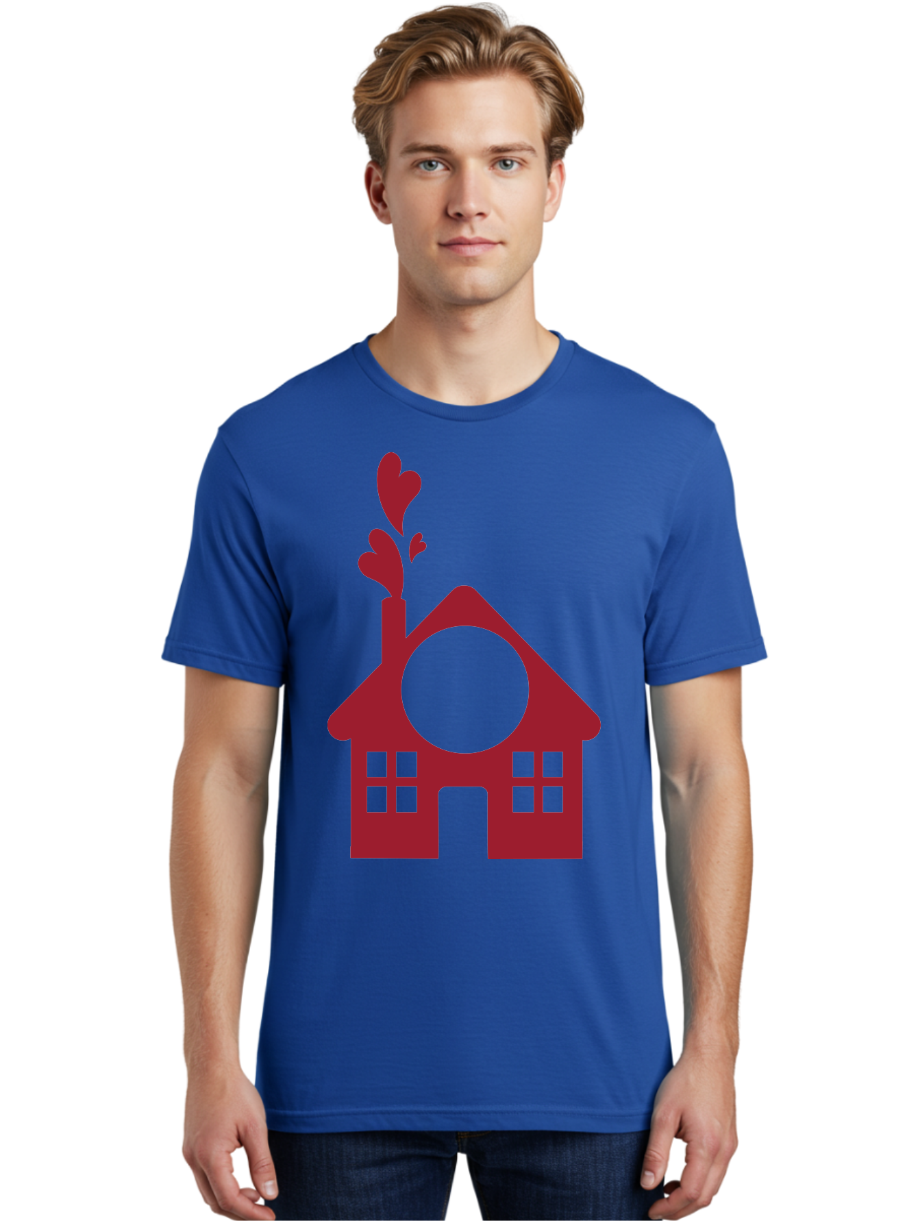 Love-Home Men'S Graphic Tee, 100% Cotton, Comfortable Casual Summer Wear, Machine Washable, Cozy Home, Red House, Heart Shaped Leaves, Chimney With Hearts, Simple Home Design, Modern House Illustration, Love Symbol, Heartwarming Home, Aac974