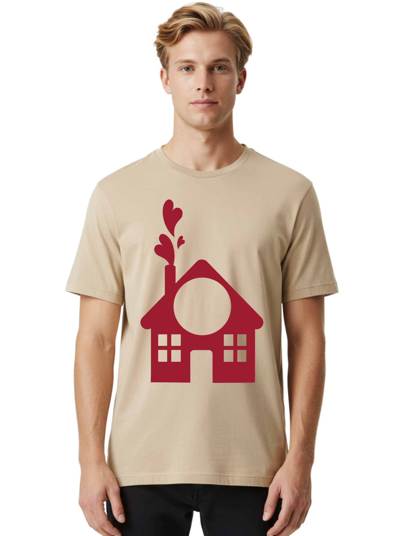 Love-Home Men'S Graphic Tee, 100% Cotton, Comfortable Casual Summer Wear, Machine Washable, Cozy Home, Red House, Heart Shaped Leaves, Chimney With Hearts, Simple Home Design, Modern House Illustration, Love Symbol, Heartwarming Home, Aac974