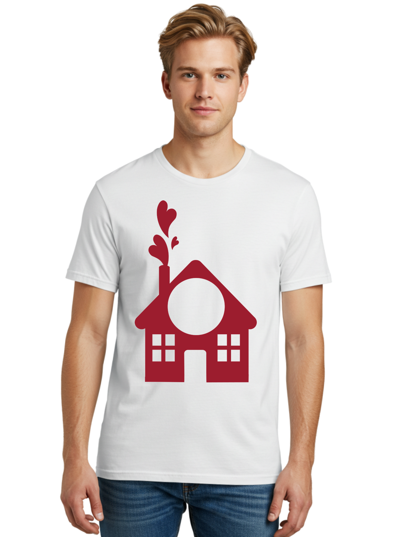 Love-Home Men'S Graphic Tee, 100% Cotton, Comfortable Casual Summer Wear, Machine Washable, Cozy Home, Red House, Heart Shaped Leaves, Chimney With Hearts, Simple Home Design, Modern House Illustration, Love Symbol, Heartwarming Home, Aac974